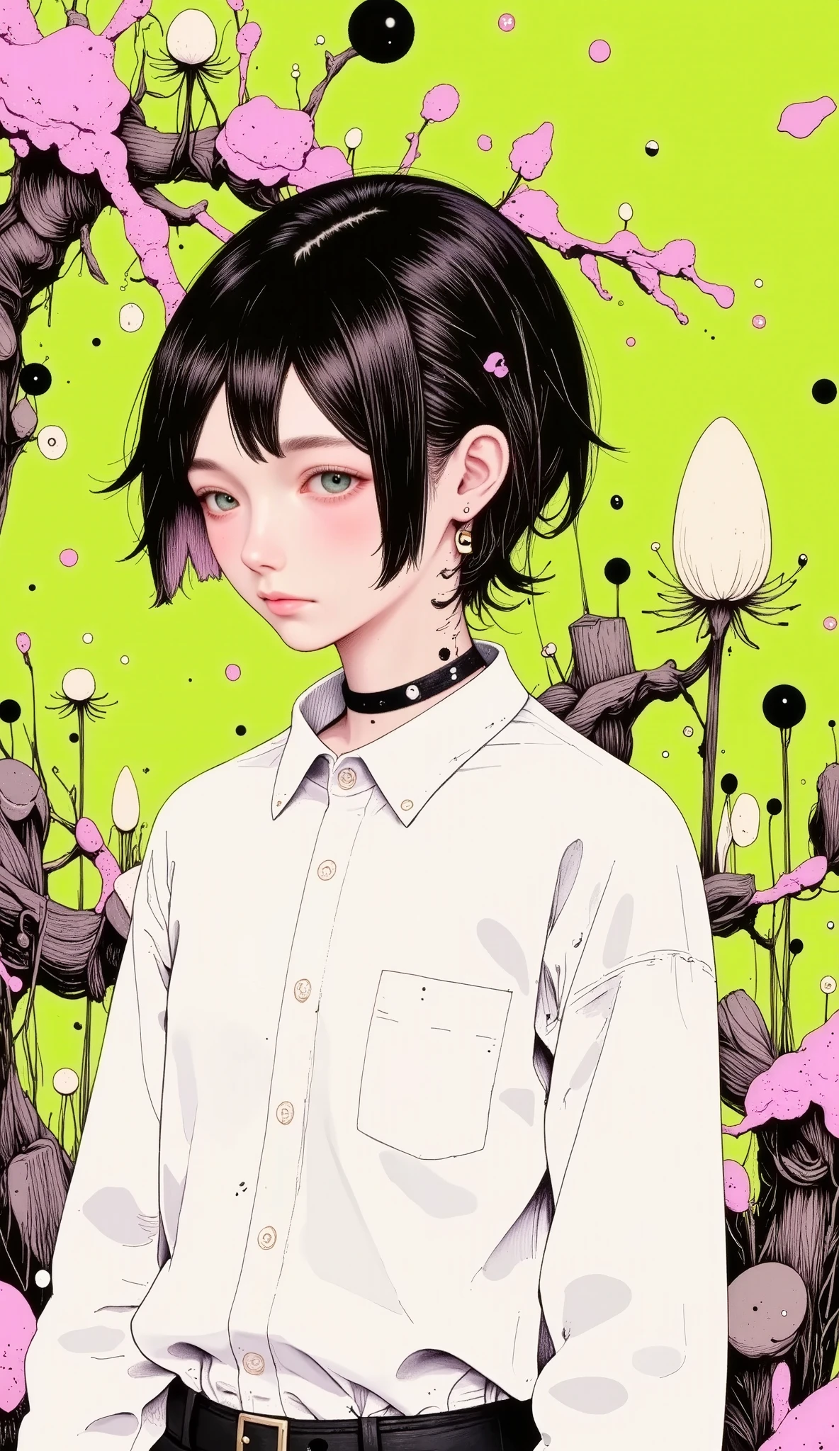  manga digital illustration style   :1.5, A manga boy:1.5 ,  sad,   desperation  ,    full body general plan  :1.51,     , seeds,  sharp focus, 8K,    high definition resolution  ,    line art illustration   ,  abstract vivid colors   :1.44,     The art of meat by Griffiths and Wadim Kashin ,   olive green background  