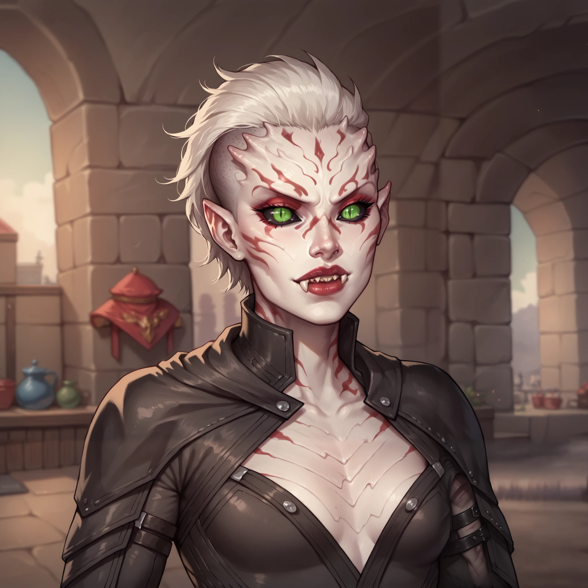 (((beautiful, high quality, comics style, detailed face))), score_9, score_8_up, score_7_up, BREAK, portrait, solo, 1girl, female ((parshendi, alien, carapace:1.1, white skin with red marbling, black sclera, slit pupils)), green eyes, white hair, undercut, messy asymmetrical bob hairstyle, fangs, slender, small breasts, black studded jumpsuit, cropped cloak, leather bracers, fantasy background, blurred background, zPDXL3, detailxl, DeepNegative_xl_v1