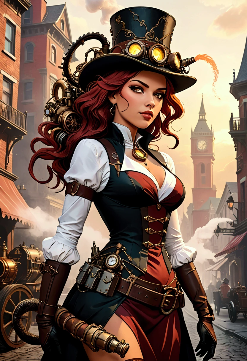Girl with wavy red hair and rebellious, ((hair slicked back)), Caucasian woman,golden eyes and tanned skin, round breasts,Steampunk pirate style clothes, (gigantic breasts), background with clouds, realistic style.