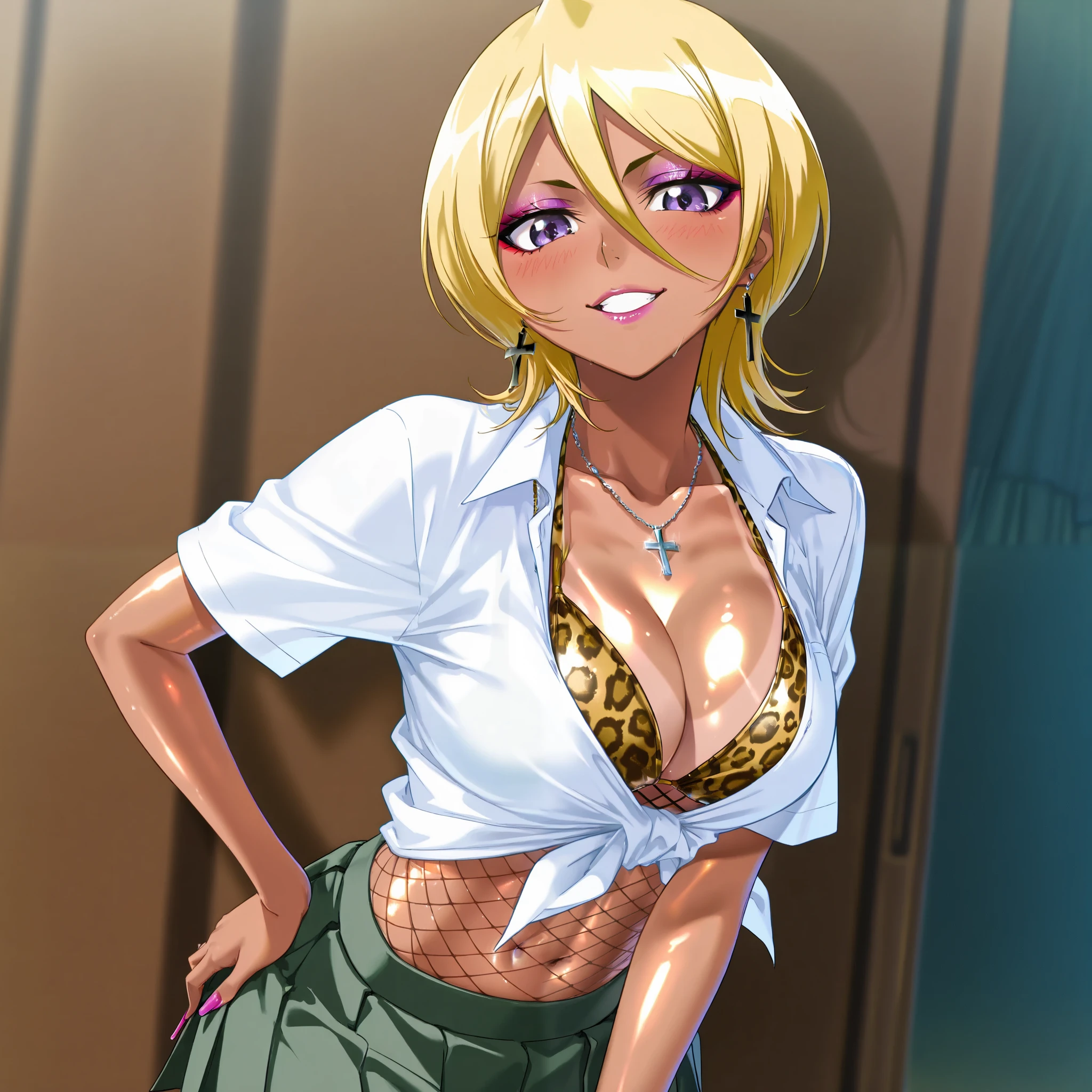 score_9,score_8_up,score_7_up,quality,ultra detailed,absolutely resolution, solo, ultra rukia kuchiki, blonde hair, hair between eyes, purple eyes, short hair, skirt, shirt, school uniform, white shirt, short sleeves, pleated skirt, collared shirt, sweater, green skirt, clothes around waist, BREAK gyaru, (dark skin), (dark-skinned female), metallic tan, (makeup), eyeshadow, grin, parted lips, blush, mature female, looking at viewer, gleaming skin, bikini top, leopard print, cleavage, navel, cross earrings, necklaces, fishnets, (from front)