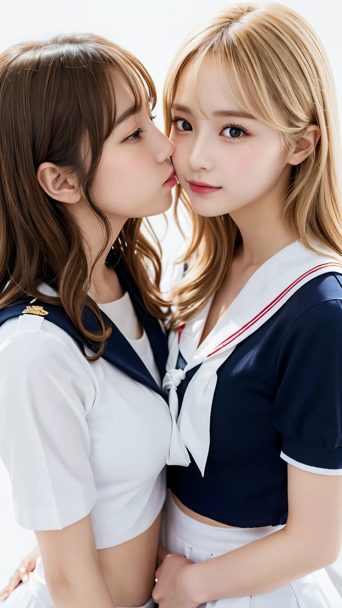 (Two lesbian high school girls in blonde sailor suits giving a kiss:1.0、yuri、breast press)、round face:2.0、forehead、、Curly Hair:2.0、cowboy shot:2.0、Super Long Hair:2.0、Waist-length hair、Northern Europe:1.0、beautiful girl、White background, True Face、shiny hair、whole body, super detailed, High resolution, 8k wallpaper, Perfect dynamic composition,blondes,