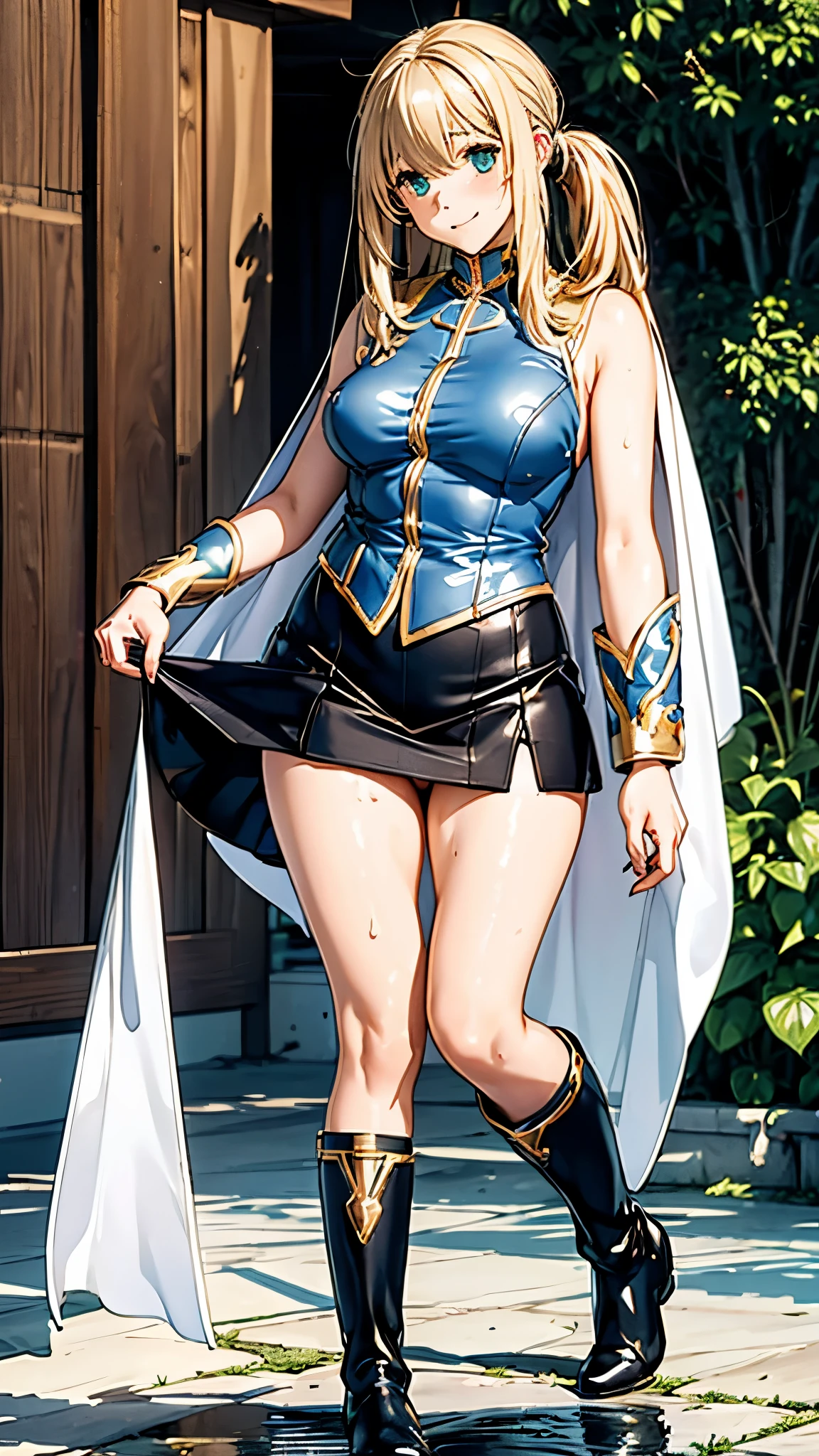 best quality,1girl,crowd,((((10 years old:1.3)))))),((big breasts:1.3)),curvy,orgasm,blush,clenched teeth, sweat,blonde hair,long hair,((waist-cape armor,white shirt,blue skirt:1.3)),mini skirt,fantasy,((lift skirt,upskirt,lace panties,white panties:1.1)),kneehighs,castle,((open shirt)),((arms behind back:1.1)),walking