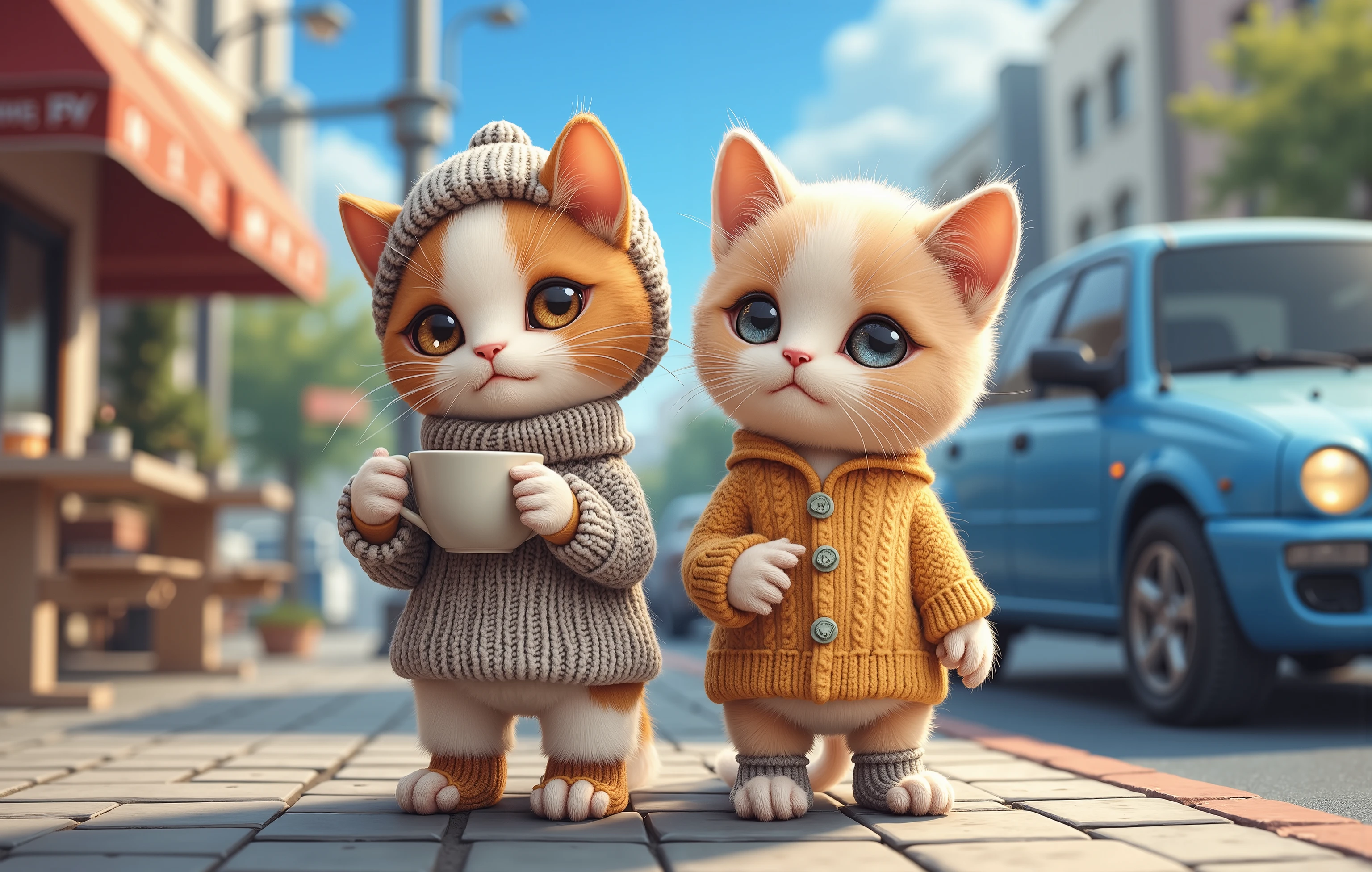 a baby cat drawn in size 25 2 adorable baby cats, Kitten standing next to the car , holding a coffee cup in one hand,Blue car, blue sky,Detailed and realistic coat ,The kitten is wearing a sweater , wearing loose socks ,Shibuya street in the background, parked on the shoulder ,Next to the coffee shop ,Realistic cat standing on 2 legs, eyes are like beautiful marbles ,