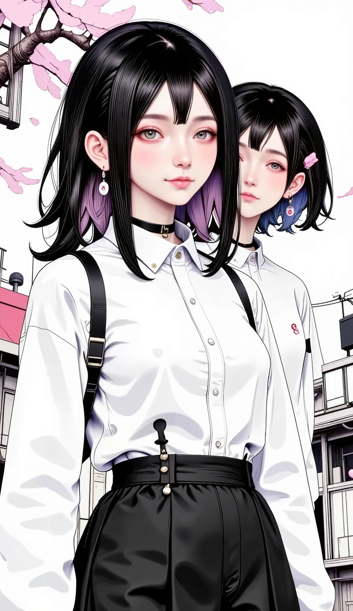 flat large general full body , centered and distant image, Roronoa Zoro, heterosexual goth couple general shot full body:1.55, buying food at a street stall :1.5, creepy hair , Perfectly centered half profile , (franco)by Donnie , standing position , abstract beauty:1.4, centered, looking at the camera medio perfil, looking at the camera , getting closer to perfection , sad, desperation , full body , hands on the head , dynamic, , seeds, sharp focus, 8K, high definition resolution , line art illustration , Abstract black and white :1.3, , art by Carne Griffiths and Wadim Kashin , white background, Full HDR :1.5.