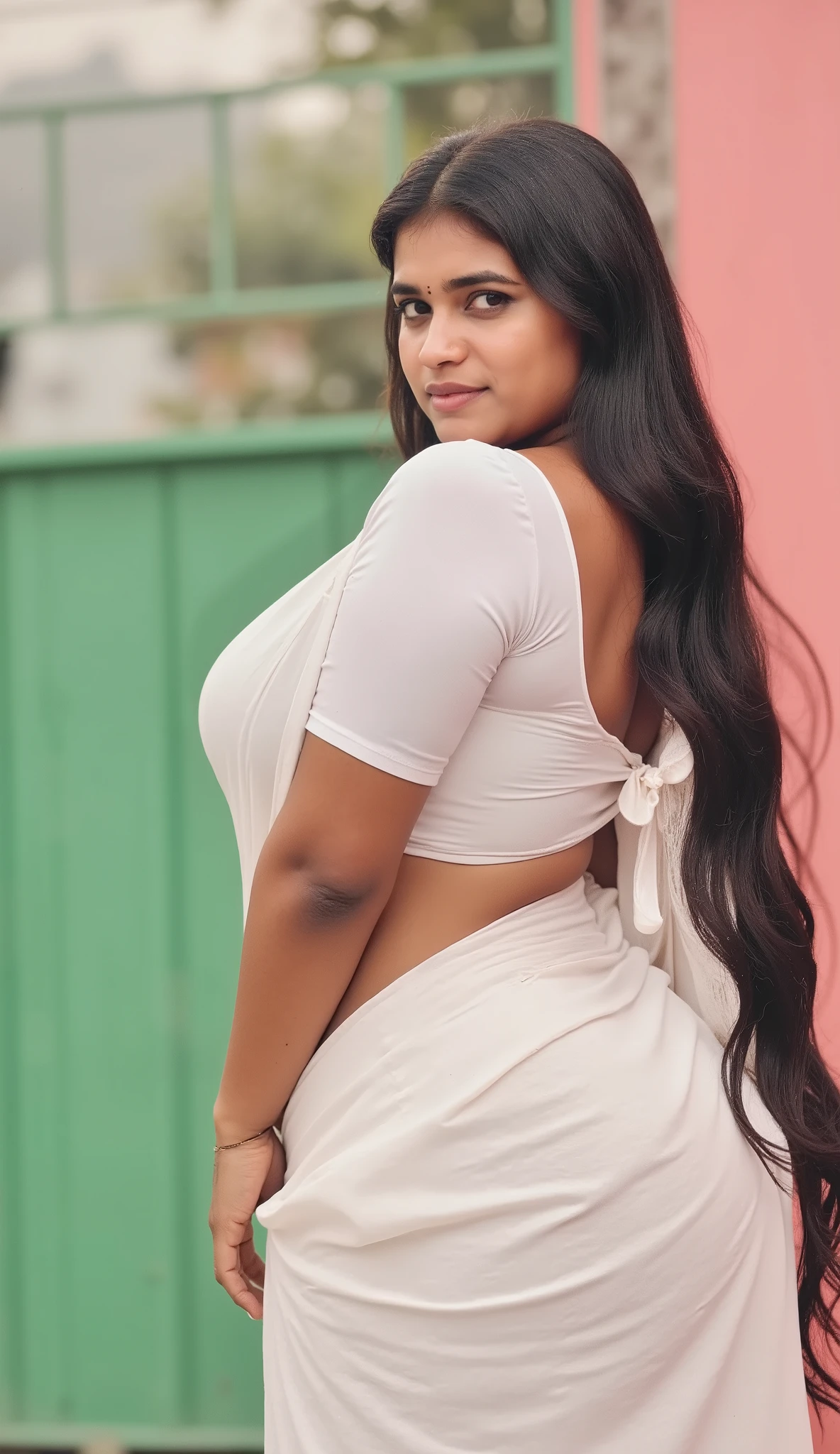 HD wallpaper 32k cinematic shoot of a Beautiful cute Pooja Hegde, with thick thighs and a curvy waist, smiling, wearing a Shirt without pant, ((large huge earrings)), ((Double thick thighs)), ((back view)), ((full body view))