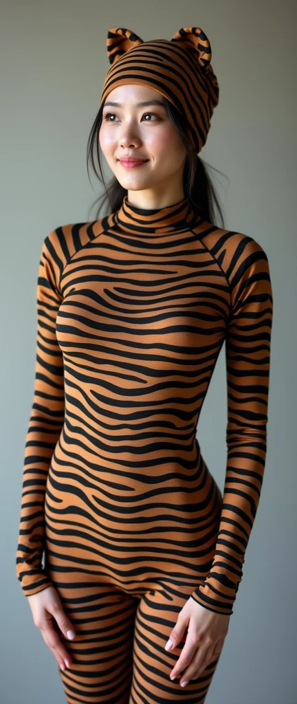The most beautiful,thin,clever and most pretty thirty eight years old Malaysian muslimah girl wears yellow tiger leopard print lycra turtleneck unitard catsuit covered with spots.She always wear zebra leopard print cotton dancewear stretchy square hijab covered with spots.She cries on the bed and sleeps on the bed.