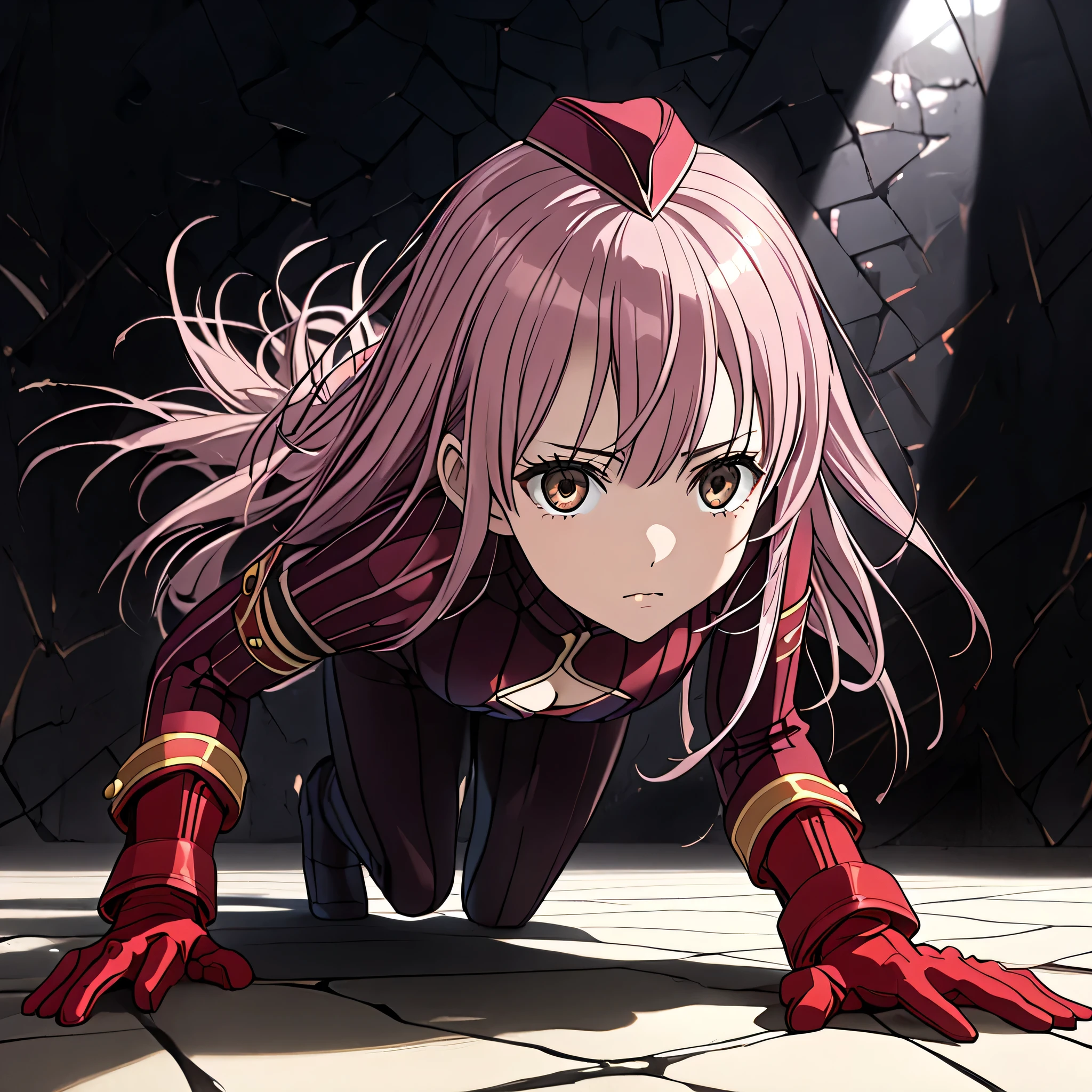 anime, (masterpiece), (best quality), (ultra-detailed), (best illustration), (best shadow), (absurdres), (detailed background), (very aesthetic), shiny, detailed beautiful eyes, outstanding, countershading, detailed soft lighting, an exquisite animation illustration, 1girl, solo, anheang, Dollsuit, thighthigh, dark persona, empty eyes, expressionless, blank eyes, looking at viewer, red gloves, full body, emotionless, Fighting Stance, hair ornament, seductive pose, submissive pose, medium breasts, arisa meigo, brown eyes, pink hair, sidelocks, long hair, jewelry, bracelet, (((all fours, crawl, crawling, miracle background)))