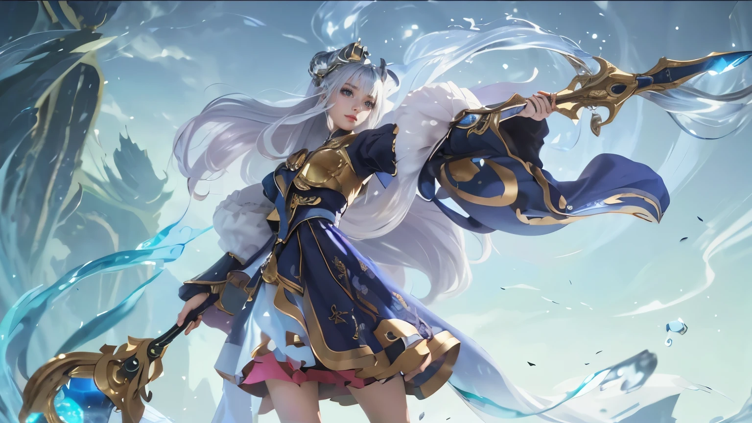 a female character with long, flowing silver hair and a regal appearance. She is dressed in an ornate outfit adorned with gold and navy blue accents, featuring celestial patterns and fur-trimmed sleeves. The character wields a large, elegant weapon with a golden handle and a glowing blue orb, emitting a sense of magical power. The background showcases a serene sky with swirling water elements and abstract structures, emphasizing the mystical and fantastical theme of the scene.