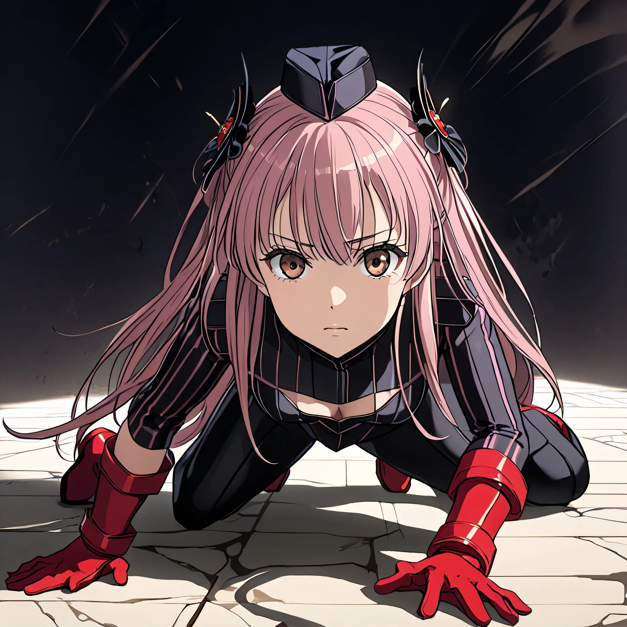 anime, (masterpiece), (best quality), (ultra-detailed), (best illustration), (best shadow), (absurdres), (detailed background), (very aesthetic), shiny, detailed beautiful eyes, outstanding, countershading, detailed soft lighting, an exquisite animation illustration, 1girl, solo, anheang, Dollsuit, thighthigh, dark persona, empty eyes, expressionless, blank eyes, looking at viewer, red gloves, full body, emotionless, Fighting Stance, hair ornament, seductive pose, submissive pose, medium breasts, arisa meigo, brown eyes, pink hair, sidelocks, long hair, jewelry, bracelet, (((all fours, crawl, crawling, miracle background)))