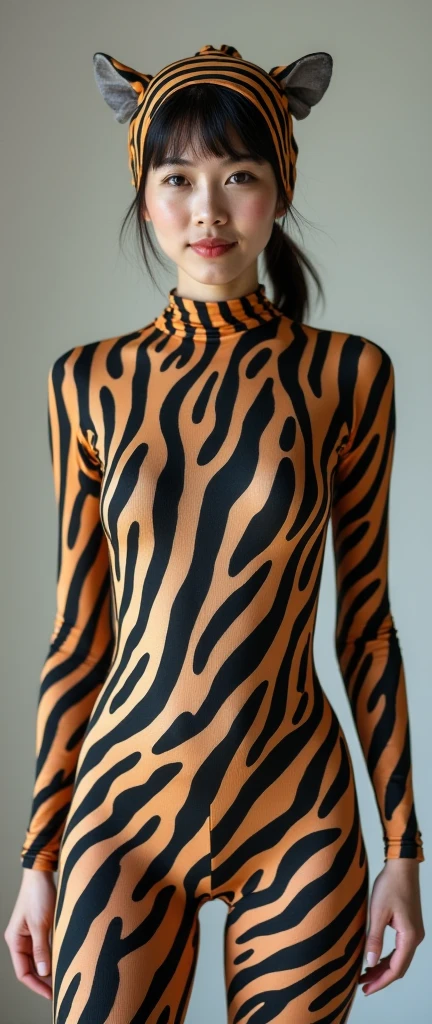 the beautiful,slender thin and prettiest Malaysian muslimah adult girl with beautiful cheeks wears tiger print lycra turtleneck unitard catsuit covered with seamless spots and always wear tiger print lycra elastane stretchy dance wear hijab covered with seamless spots.She has beautiful lips
