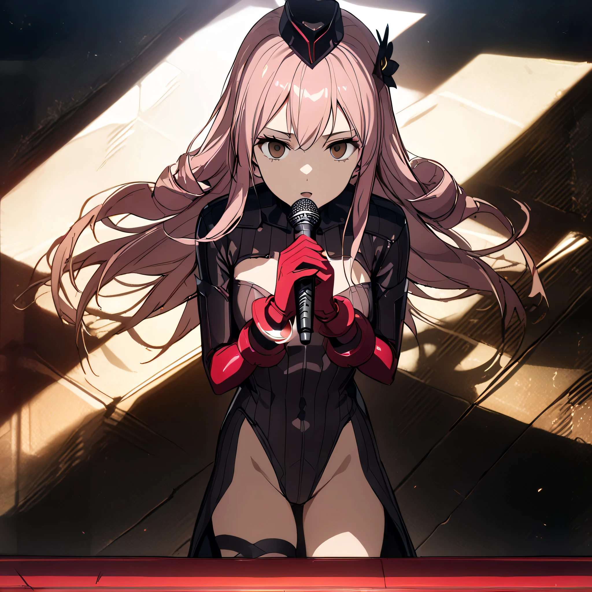 anime, (masterpiece), (best quality), (ultra-detailed), (best illustration), (best shadow), (absurdres), (detailed background), (very aesthetic), shiny, detailed beautiful eyes, outstanding, countershading, detailed soft lighting, an exquisite animation illustration, 1girl, solo, anheang, Dollsuit, thighthigh, dark persona, empty eyes, expressionless, blank eyes, looking at viewer, red gloves, full body, emotionless, Fighting Stance, hair ornament, seductive pose, submissive pose, medium breasts, arisa meigo, brown eyes, pink hair, sidelocks, long hair, jewelry, bracelet, (((sing a song, singing, stage background)))