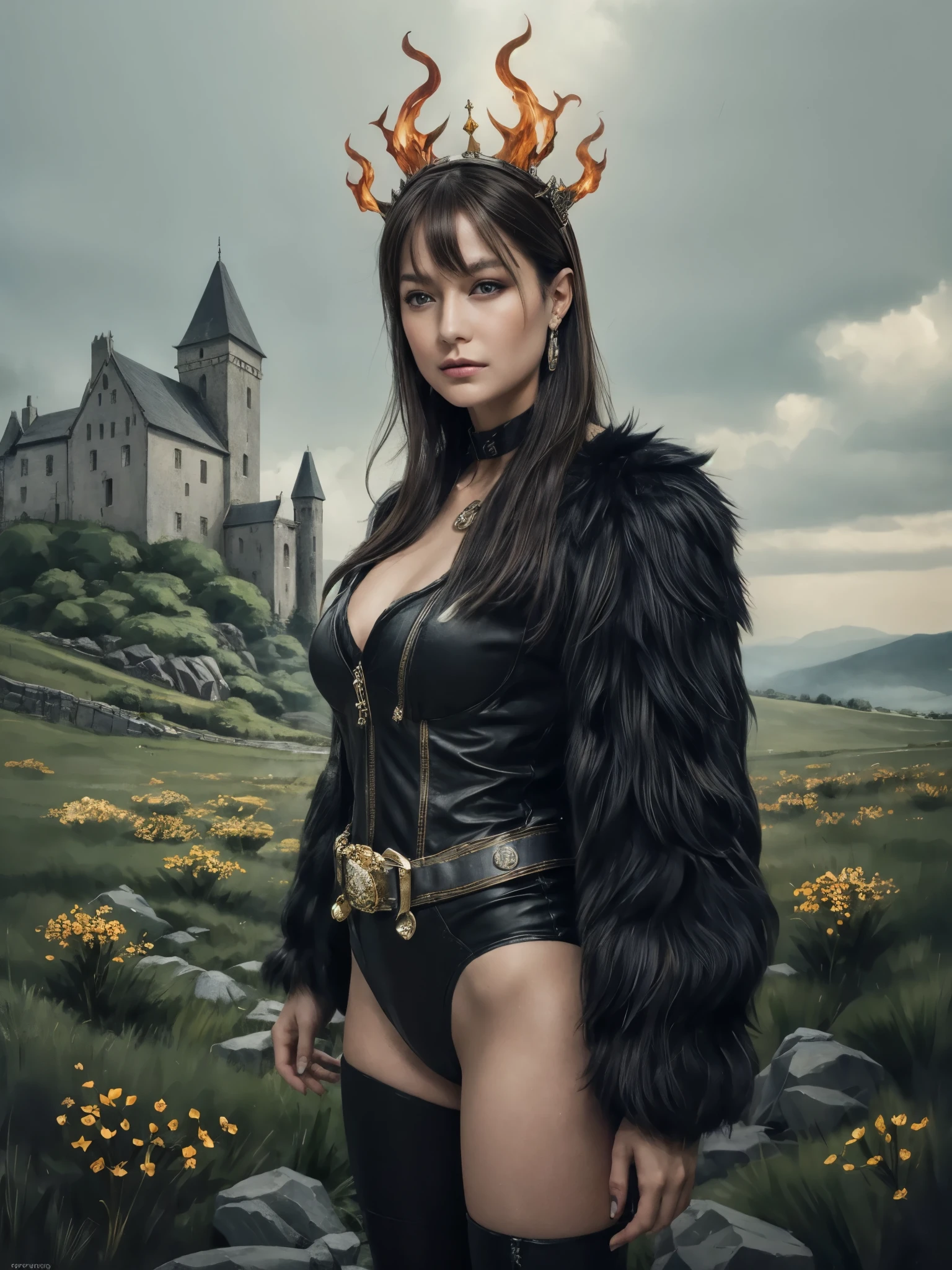 female wearing sexy jacket, BREAK, female, beautiful korean, bodysuit jacket leotard, fur jacket, highleg, gigantic breasts, long hair, bangs, looking at viewer, line-earring, oppulent, outdoor, green field, hills, highland, fog, castle, best quality, high resolution, dark fantasy, ominous landscape, floating dusts, absurd, wonderful, lepidolite, quartz, red, pretty, fatal beauty, charming, realistic, mysterious, swirling mist, supernatural, black hair, hyper maximalist, breathtaking oil painting, hyperrealistic, visionary art, amazing composition, crown of fire, ancient runes, relics, dramatic shadow, goddess of darkness,