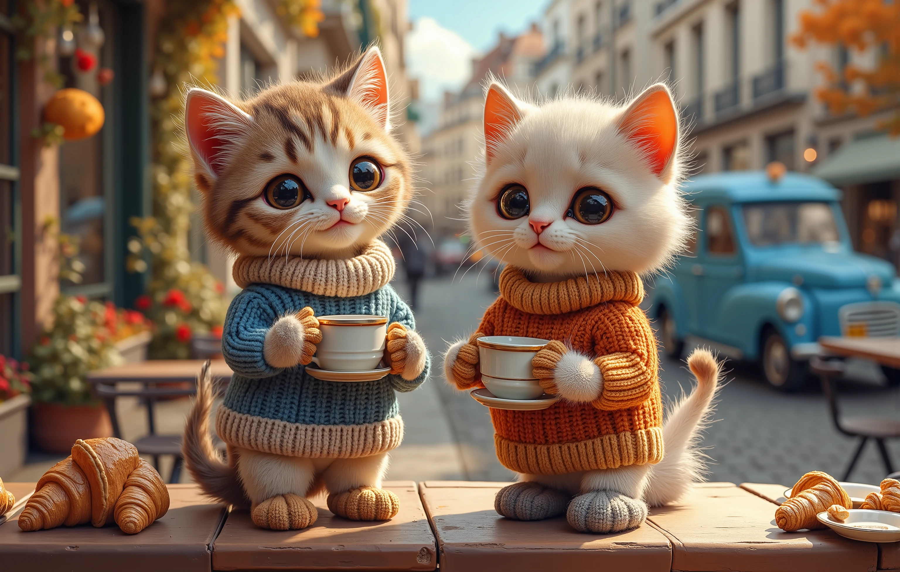 a cat drawn in size 25 2 adorable babys, holding a coffee cup in one hand, blue car parked on the side of the road , blue sky,Detailed and realistic coat ,The kitten is wearing a sweater , wearing loose socks ,The background is Paris street ,Sitting on a chair in an open cafe drinking coffee, croissants on the table ,Realistic cat standing on 2 legs, eyes are like beautiful marbles ,