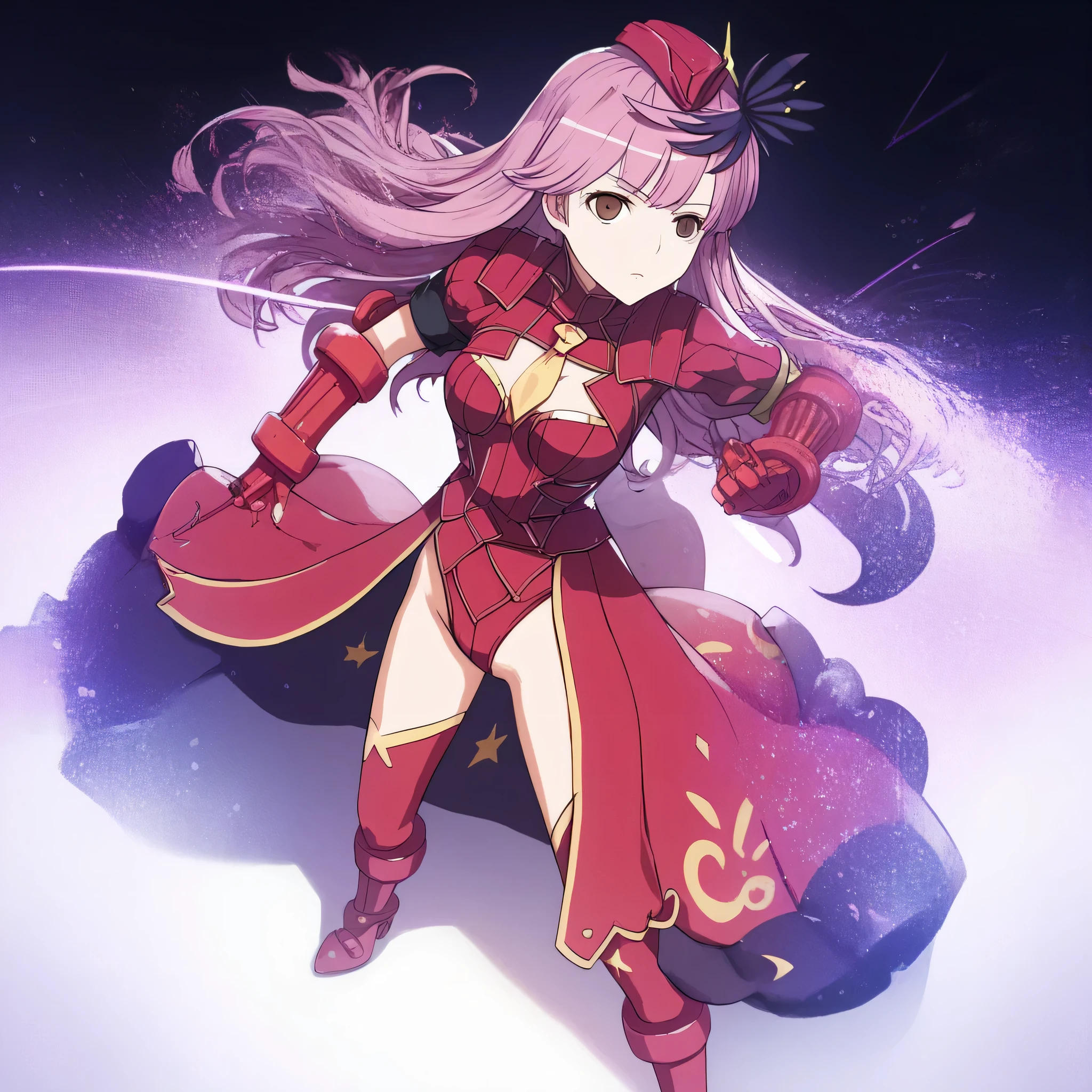 anime, (masterpiece), (best quality), (ultra-detailed), (best illustration), (best shadow), (absurdres), (detailed background), (very aesthetic), shiny, detailed beautiful eyes, outstanding, countershading, detailed soft lighting, an exquisite animation illustration, 1girl, solo, anheang, Dollsuit, thighthigh, dark persona, empty eyes, expressionless, blank eyes, looking at viewer, red gloves, full body, emotionless, Fighting Stance, hair ornament, seductive pose, submissive pose, medium breasts, arisa meigo, brown eyes, pink hair, sidelocks, long hair, jewelry, bracelet,