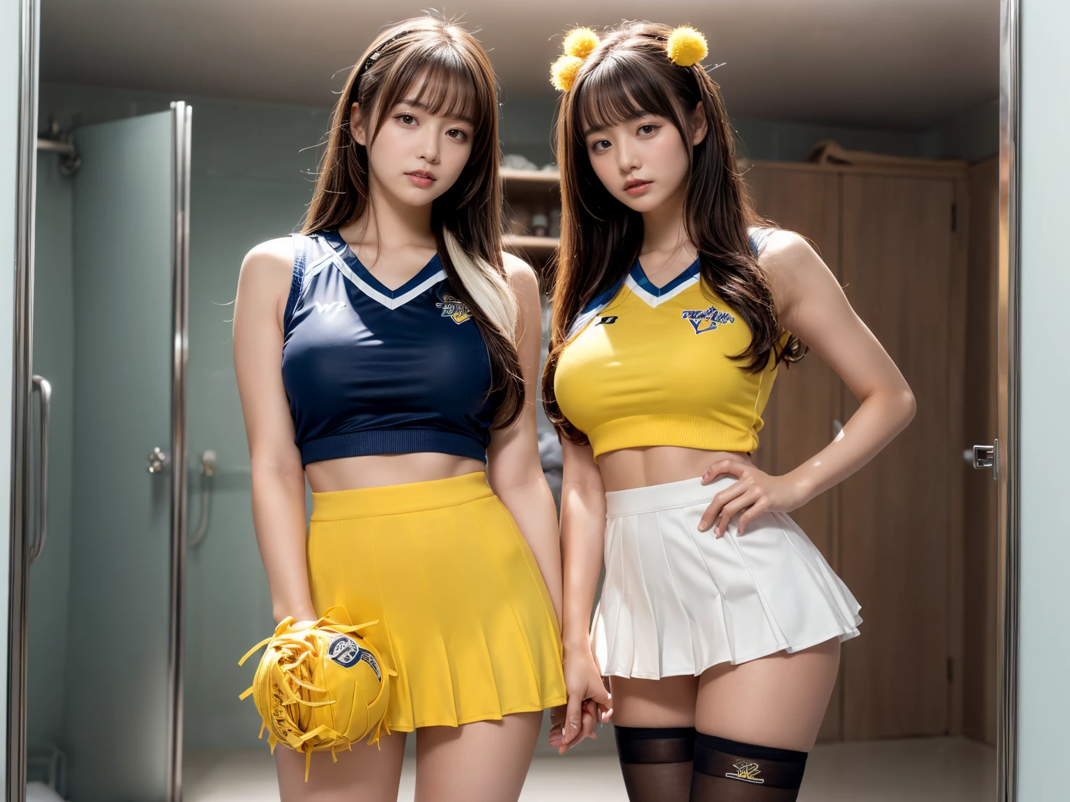 characters: (((2 identical twins))), (((19-year-old latinas))).
character behaviour: (((flirtatious and sexual))).
appearance: (long brown hair), (brown eyes), ((nubile young body)), ((ripe breasts)), ((eyes half-lidded)).
when: ((at midnight)).
scenario: ((identical twins stripping naked to have sex with their boss))
clothing: ((sequined purple and gold cheerleader skirt and cheerleader top))
location: ((mansion bedroom))