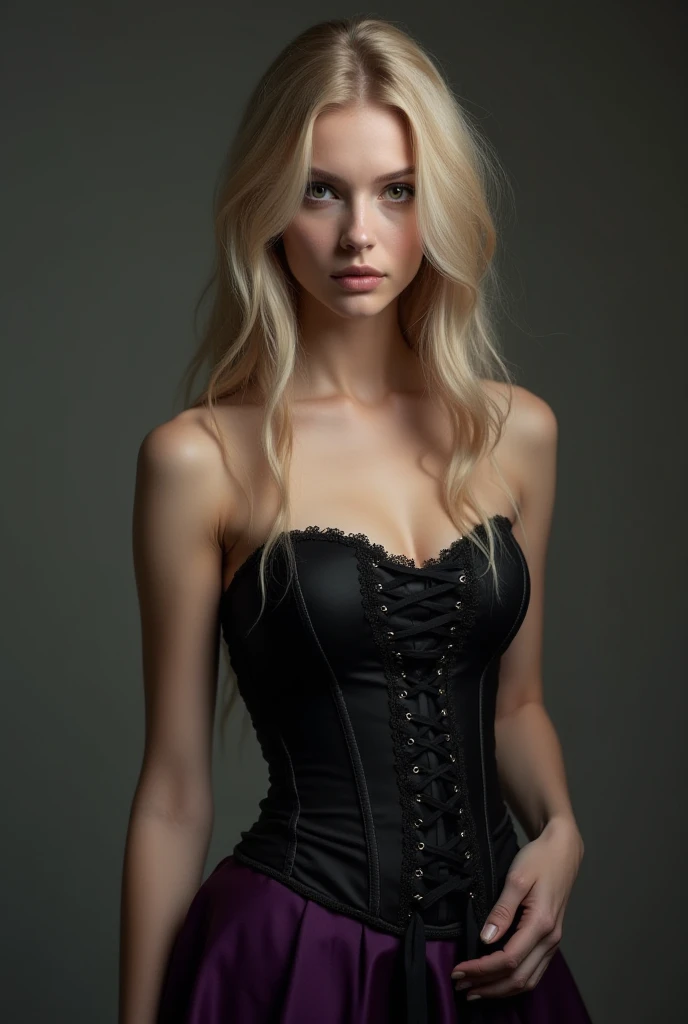 She has a face of ethereal beauty, with sapphire green eyes with a penetrating and hunting gaze, framed by long eyelashes. His clear skin, decorated with soft freckles, glows with a natural blush. her blonde hair, braided on both sides, falls elegantly on her shoulders. She wears a tight black corset that highlights her slender figure., accompanied by black lace mini panties and high heels. With both hands on her well-defined waist, Her presence is sensual and powerful, leaving an unforgettable impression.