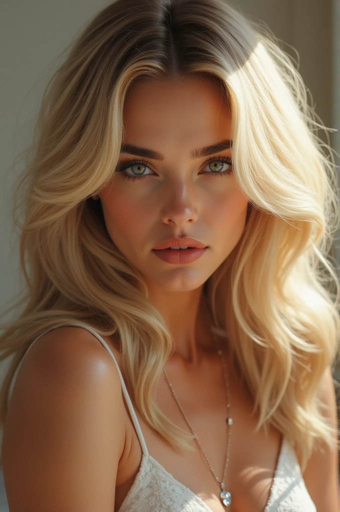 um close up de uma mulher com longos cabelos loiros e olhos azuis, mulher loira bonita, menina loira bonita, mulher loira, Blonde and attractive features, retrato de beleza detalhado, pintura digital realista, rosto bonito fotorrealista, pintura digital ultra realista, blonde girl, pintura digital fotorrealista, uma menina com cabelo loiro, arte digital realista, uma loira linda