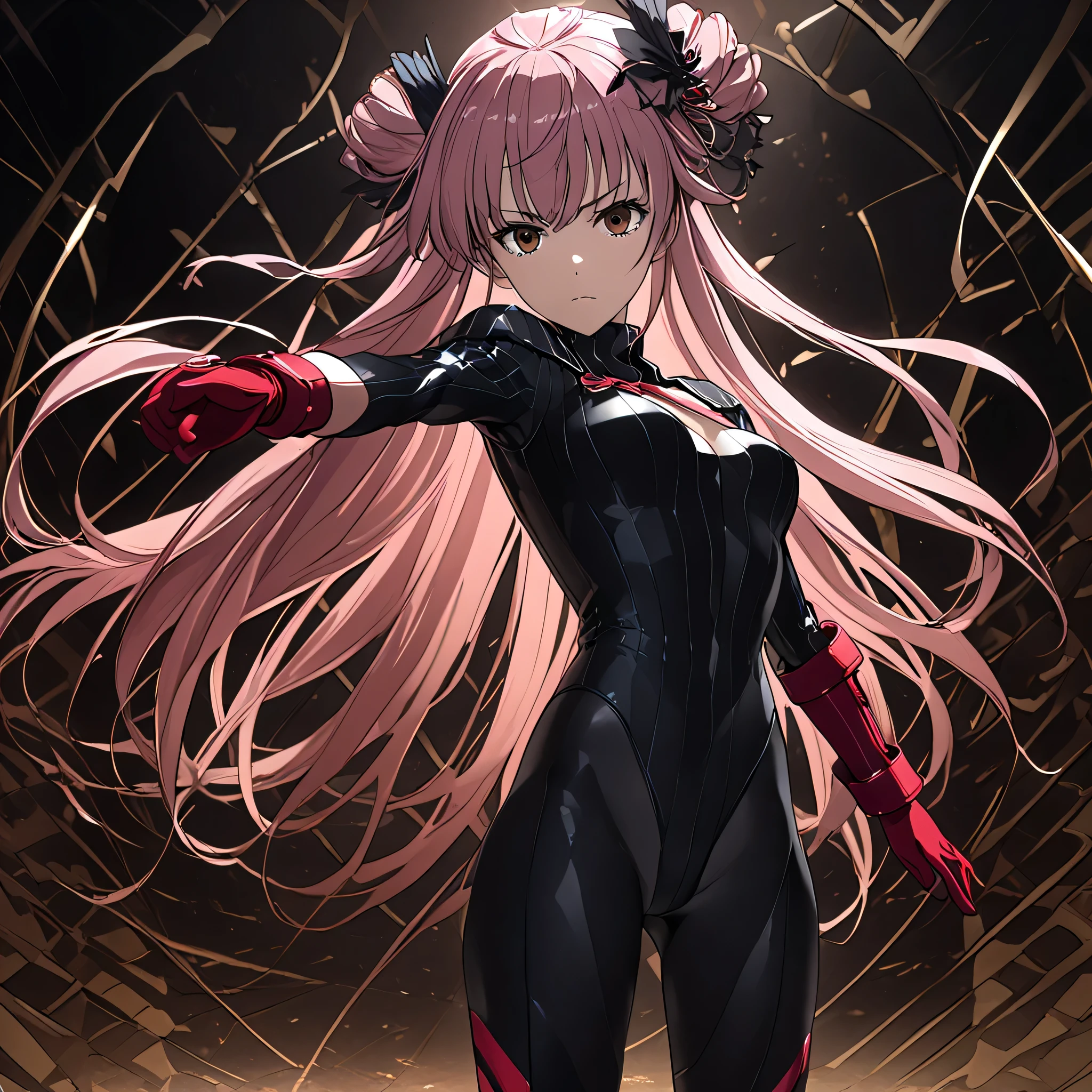 anime, (masterpiece), (best quality), (ultra-detailed), (best illustration), (best shadow), (absurdres), (detailed background), (very aesthetic), shiny, detailed beautiful eyes, outstanding, countershading, detailed soft lighting, an exquisite animation illustration, 1girl, solo, anheang, Dollsuit, thighthigh, dark persona, empty eyes, expressionless, blank eyes, looking at viewer, red gloves, full body, emotionless, Fighting Stance, hair ornament, seductive pose, submissive pose, medium breasts, arisa meigo, brown eyes, pink hair, sidelocks, long hair, jewelry, bracelet,