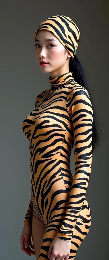 A most beautiful and thin 29 years old taiwan contortion girl wears yellow zebra Lycra turtleneck unitard catsuit covered with seamless black zebra paterns.She always wear zebra print Lycra dancewear hijab-like hood.She has beautiful cheeks on her face.She is take part for contortion performance.She performs contortion in the house.