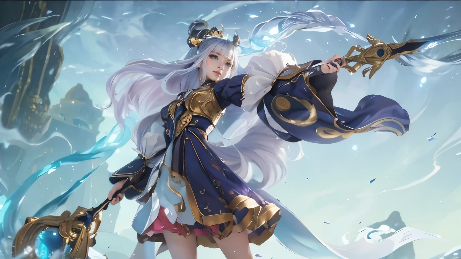 a female character with long, flowing silver hair and a regal appearance. She is dressed in an ornate outfit adorned with gold and navy blue accents, featuring celestial patterns and fur-trimmed sleeves. The character wields a large, elegant weapon with a golden handle and a glowing blue orb, emitting a sense of magical power. The background showcases a serene sky with swirling water elements and abstract structures, emphasizing the mystical and fantastical theme of the scene.