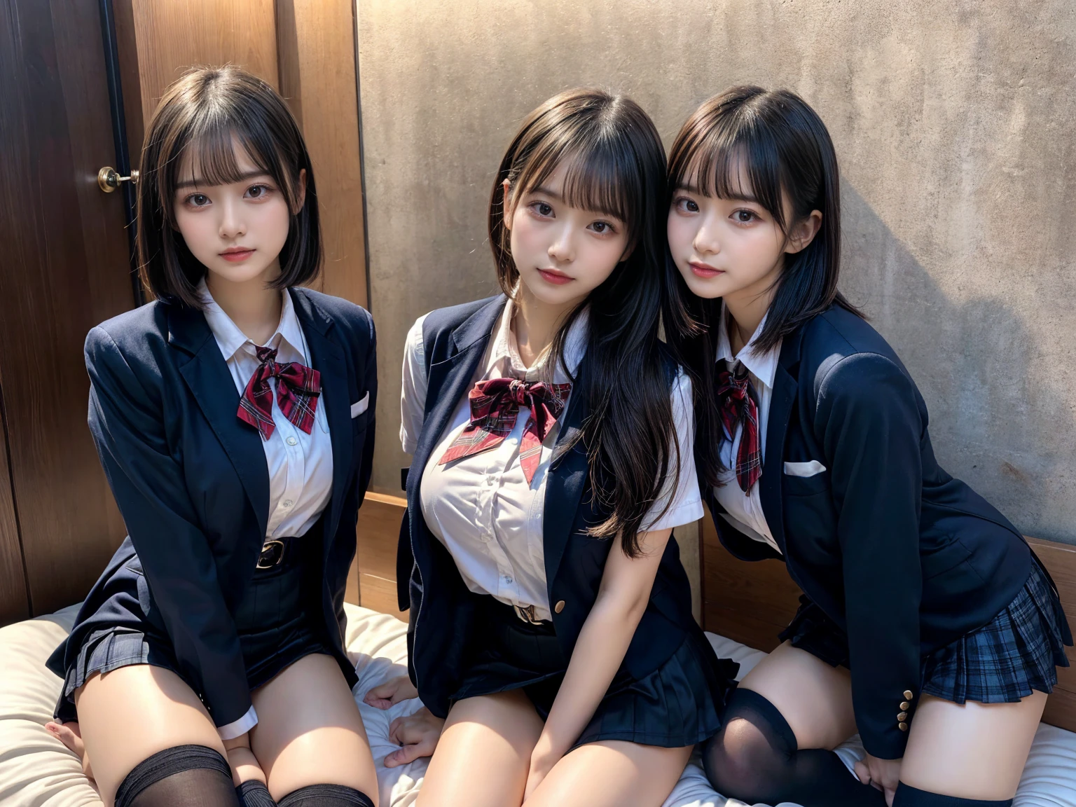 (8K, Raw photography, top-quality, masterpiece:1.2), master piece, best quality, illustration, Super detailed, fine details, High resolution, 8K,wall paper, perfect dynamic composition,(Details High quality, realistic depiction of eyes:1.3), ((2 girls, 2 schoolgirls)), The background is a luxury hotel room、High school girl uniform、blazer 、Super Short Check Uniform Skirt、Navy blue high socks、garterbelts、Colossal tits、Disturbed uniform, Play with each other,Touching each other's bodies,Touching the body of the girl next door, short bob hair, black hair color, huge breasts, Big Natural Color Lip, bold sexy pose, (perfect body shape), crying a little、cold gaze, Beautiful makeup,glitter makeup,Cutest 18 years old, beautiful legs, hposing Gravure Idol, Voluptuous thighs