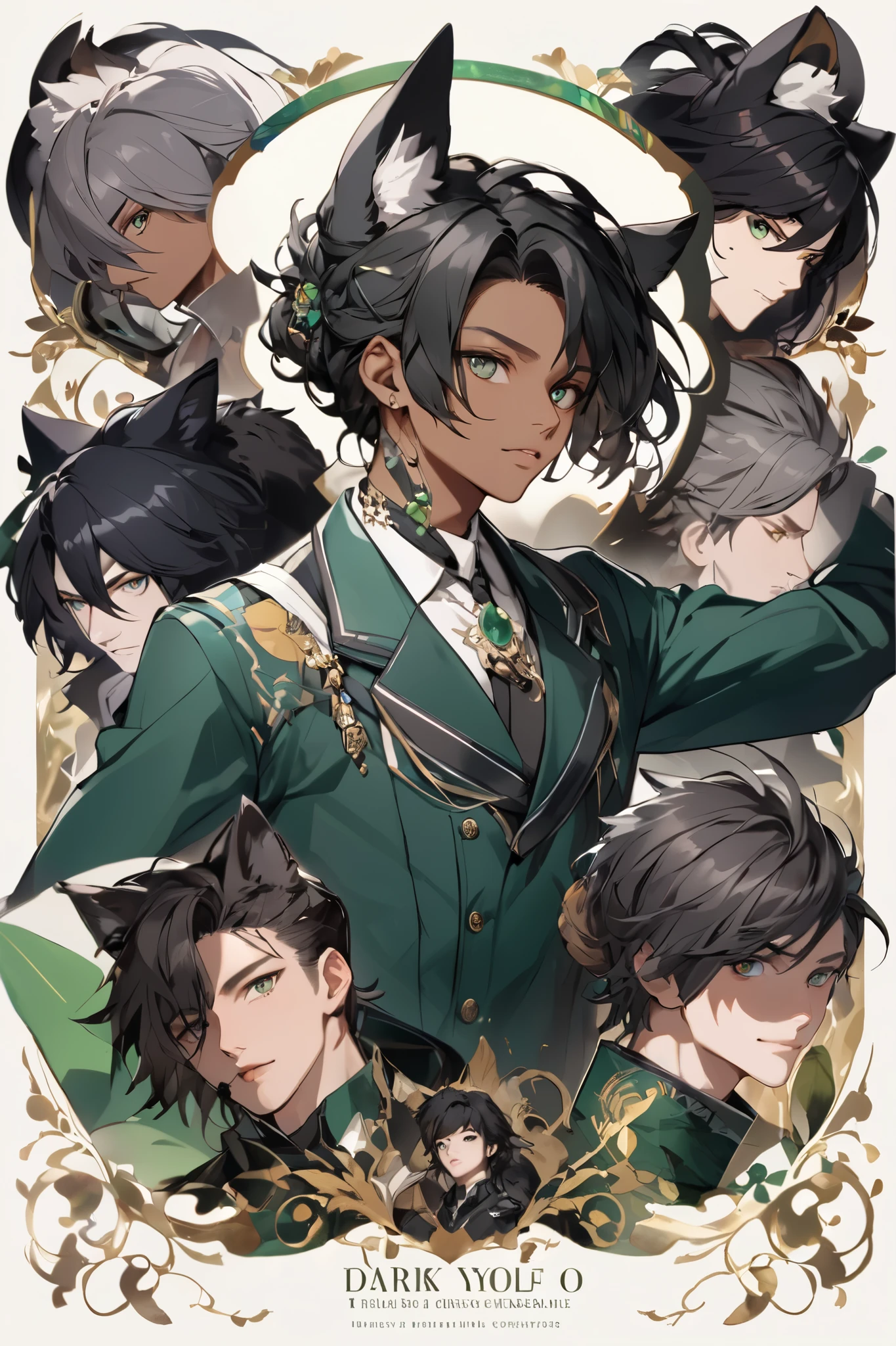 I need you to generate a male character, dark-skinned emerald eyes , with black hair up to the ears, with black wolf ears and tail