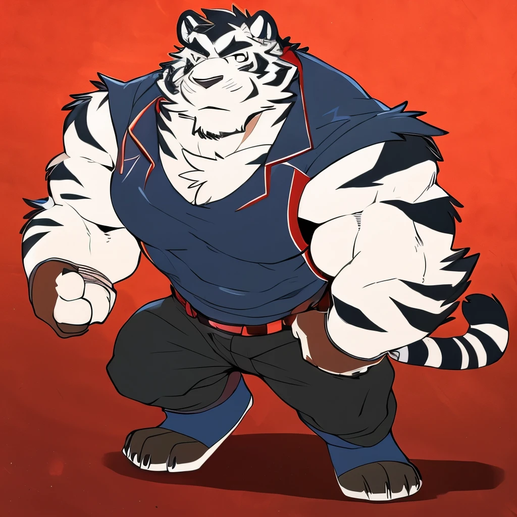 white tiger,author:Takemoto Arashi, white t-shirt ,dark black jeans , red leather jacket, strong and high, 25 years, Alone, andando Alone