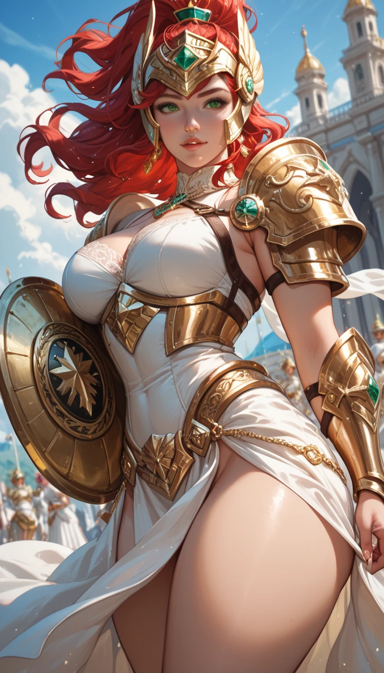 ((((Massive, tall, beautiful, buff, muscular pale white skinned female gladiator with orange hair, ginormous bulky muscles, holding a sword and shield and wearing an all orange gleaming gladiator armor and pleated skirt)))), (close view), black eyeliner, massive muscles, massive biceps, hyper muscle triceps, (long shaggy hair), green eyes, gladiator boots, In a Roman city, steel gladiator armor, armor breastplate, nighttime, confident smile, (hyper muscles arms), hyper muscle legs, (ginormous arms)