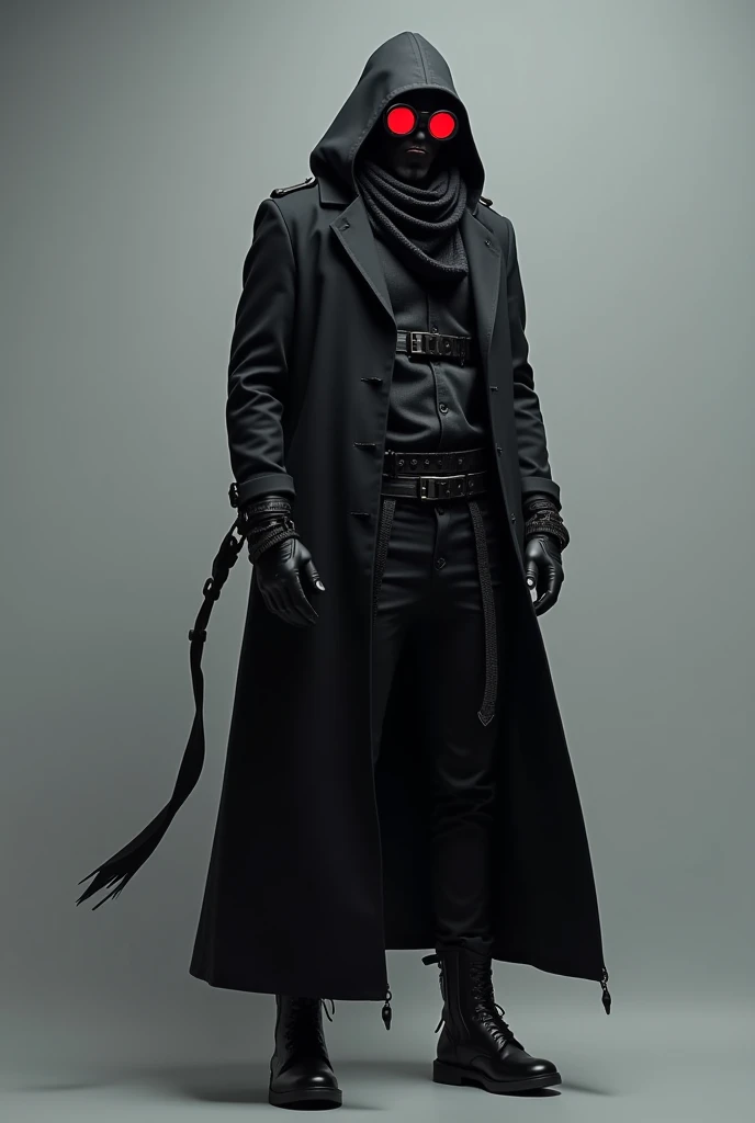 There's a man wearing a black suit and a mask with 3D thorns, ocultista Techwear, usando roupas e armaduras, traje com detalhes azuis, roupa Cyberpunk, traje completo, Cyberpunk vestindo, wearing apocalyptic clothes, wearing all black mempo mask, Techwear!! intrincado, roupa estilo Cyberpunk, dystopian scifi outfit, fashionable cyberpunk mechanoid, Cyberpunk)))