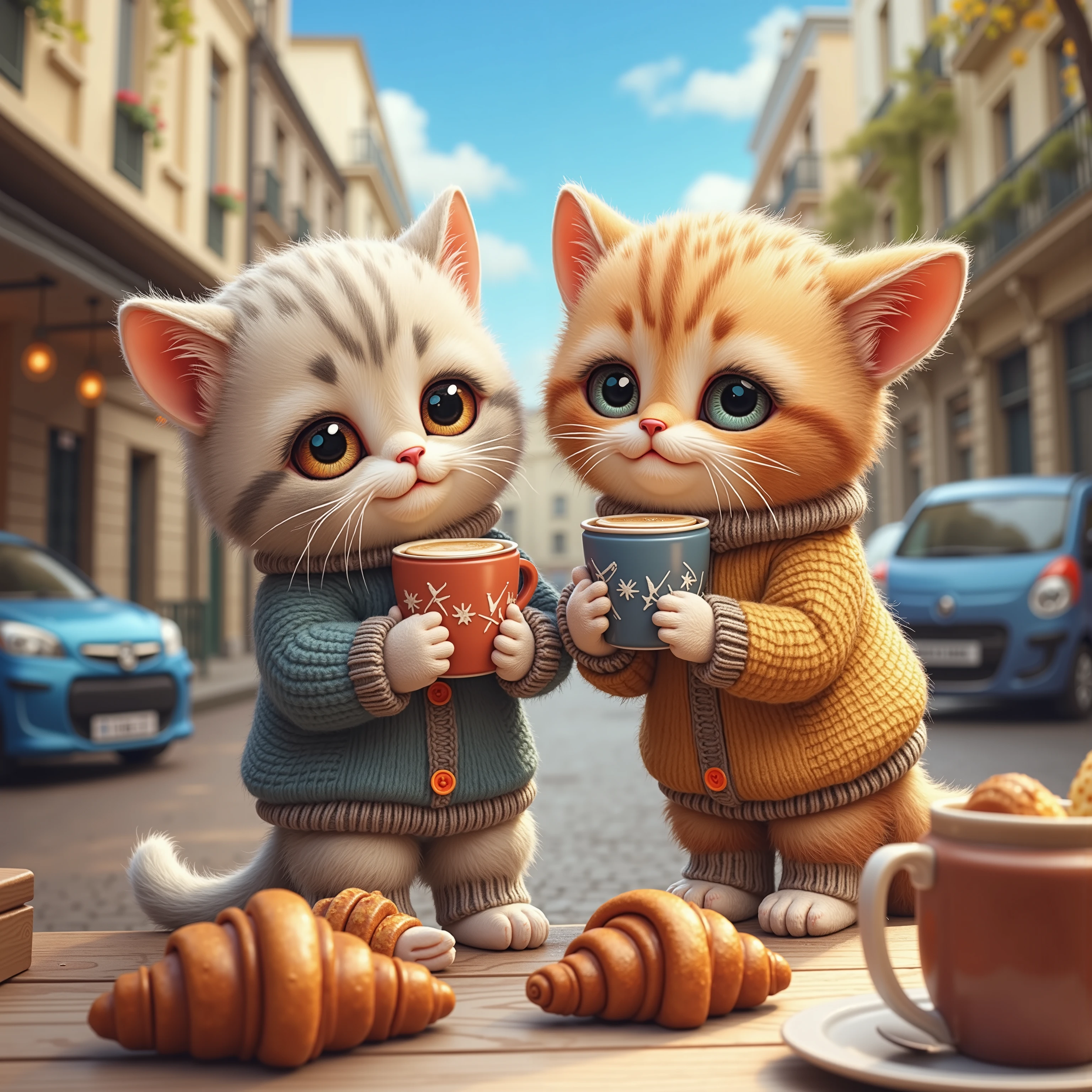   cat drawn in size 25 There are 2 adorable babys, holding a coffee cup in one hand, blue car parked on the side of the road , blue sky,Detailed and realistic coat ,The kitten is wearing a sweater , wearing loose socks ,The background is Paris street ,Sitting on a chair in an open cafe drinking coffee, croissants on the table ,Realistic cat standing on 2 legs, eyes are like beautiful marbles ,