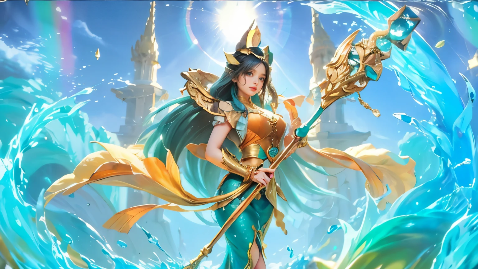 a graceful female character with long, flowing teal hair adorned with golden ornaments and a floral accessory. She wears an elegant outfit with a golden and turquoise theme, resembling a mermaid or aquatic deity. Her attire features intricate designs with scales and luxurious details. She holds a golden staff with a green gem at its tip, radiating an aura of power and divinity. The background features a bright sky with a glowing halo, water elements, and a serene, mystical atmosphere.