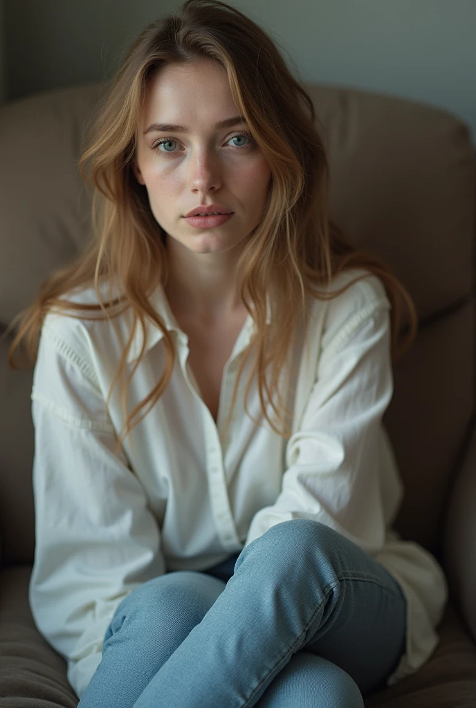 A realistic image of Allie, a white girl with medium length red curly hair, sitting on a couch in a bright room. She is in distress, with one hand on her face and the other on her lap. She is looking away from the camera, with a sad and worried expression on her face. She has tears in her eyes and her hands are trembling.