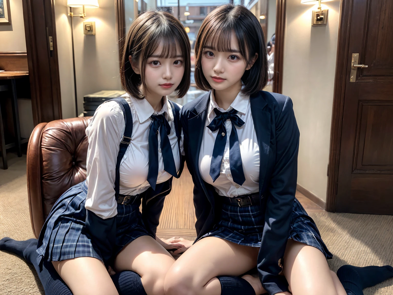 (8K, Raw photography, top-quality, ​masterpiece:1.2), master piece, best quality, illustration, Super detailed, fine details, High resolution, 8K,wall paper, perfect dynamic composition,(Details High quality, realistic depiction of eyes:1.3), ((2 girls, 2 schoolgirls)), The background is a luxury hotel room、High school girl uniform、blazer 、Super Short Check Uniform Skirt、Navy blue high socks、garterbelts、Colossal tits、Disturbed uniform, Play with each other,Touching each other's bodies,Touching the body of the girl next door, short bob hair, black hair color, huge breasts, Big Natural Color Lip, bold sexy pose, (perfect body shape), crying a little、cold gaze,  Beautiful makeup,glitter makeup,Cutest 18 years old, beautiful legs, hposing Gravure Idol, Voluptuous thighs