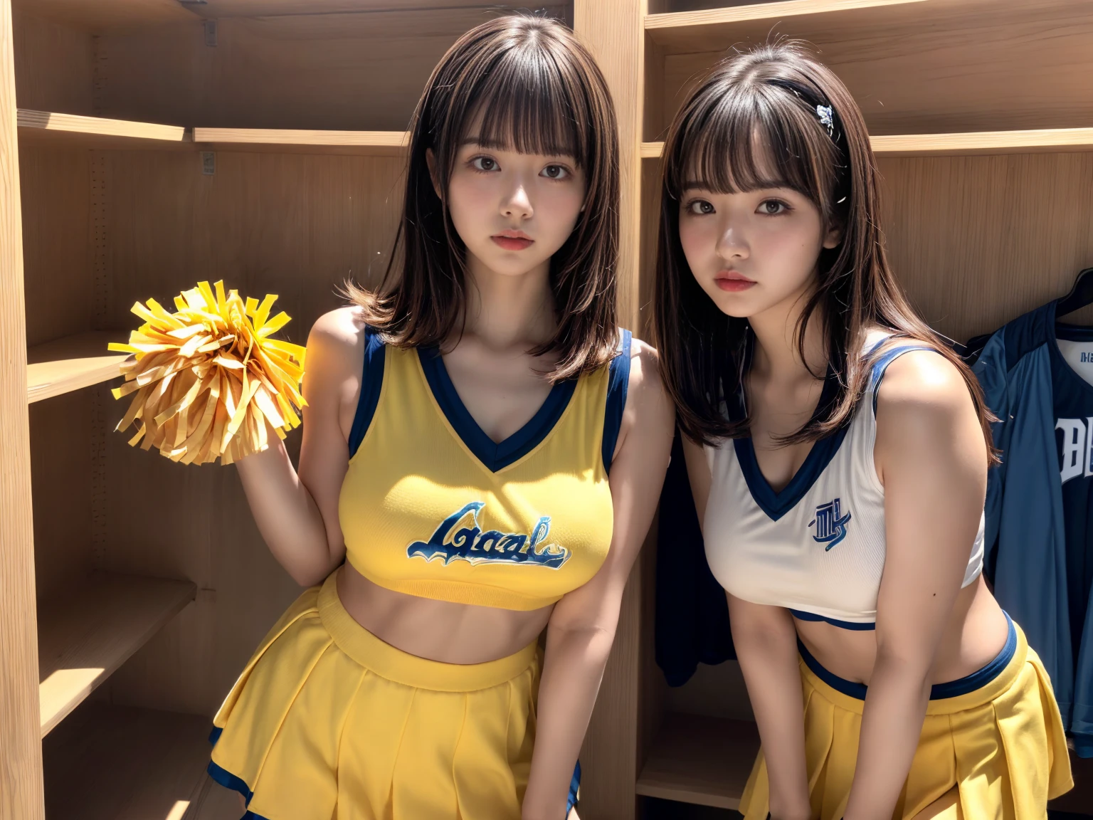 masterpiece, best quality, illustration, Super detailed, fine details, High resolution, 8K,wall paper, perfect dynamic composition,(Details High quality, realistic depiction of eyes:1.3), (3 girls), BREAK (cheerleader uniform with yellow as basic color:1.3), (holding a yellow pompoms in hand:1.4), (sleeveless yellow tunic with baseball team logo:1.4), yellow tops, (bold V-neck:1.3), ((Blue lines, black lines) on tops:1.3), ((fit and flare, A-line):1.3), (A-line yellow rah-rah skirt:1.3), mini skirt, (black socks:1.3), (sports shoes:1.2), sitting, open legs, short bob hair, in a hotel room in the background, deep on field, large breasts, black hair color, Big Natural Color Lip, (perfect body shape), crying a little、Harajuku style、20 year old girl、cute type、beautiful legs, Gravure Idol