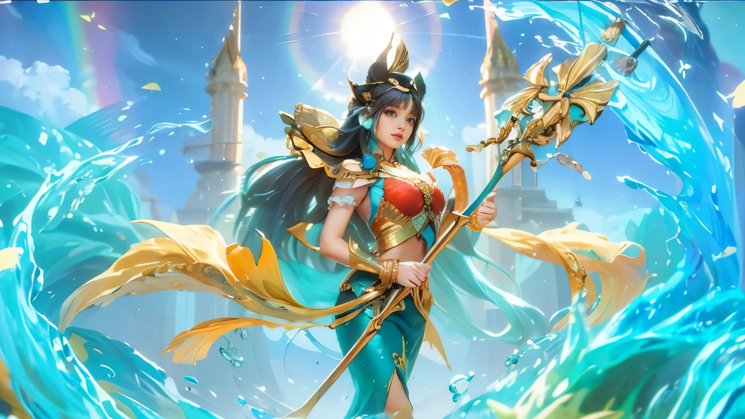 a graceful female character with long, flowing teal hair adorned with golden ornaments and a floral accessory. She wears an elegant outfit with a orange and golden turquoise theme, resembling a mermaid or aquatic deity. Her attire features intricate designs with scales and luxurious details. She holds a golden staff with a green gem at its tip, radiating an aura of power and divinity. The background features a bright sky with a glowing halo, water elements, and a serene, mystical atmosphere.