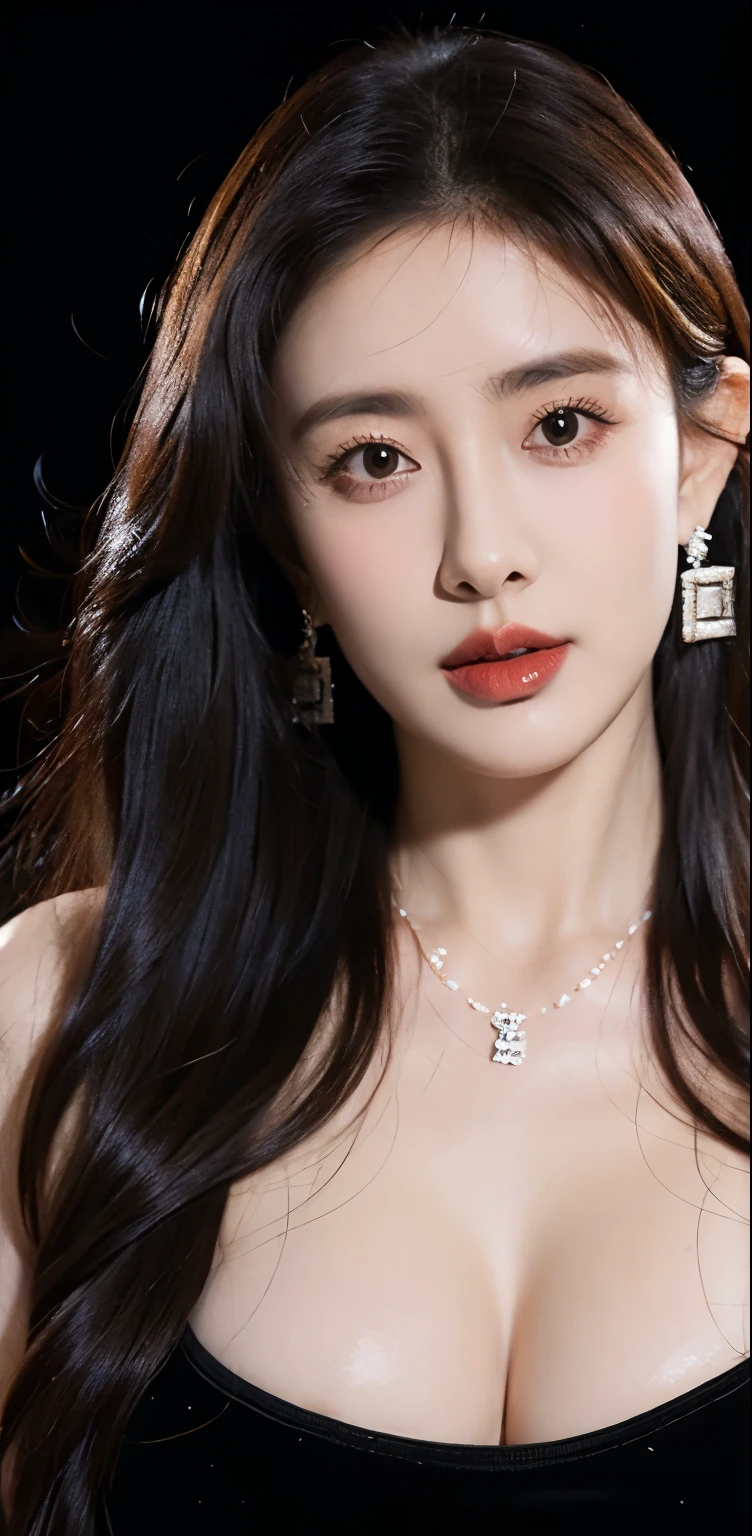 Ultra HD resolution，earrings,Long hair,Black background,necklace,H Cup，Showing cleavage，Show more breasts，Amazing breast size，nipple，Expose the areola，Breast enlargement，Cool white skin，Big buttocks，Messy hair，Messy hair，Ruddy complexion，sweater， showing areolas 