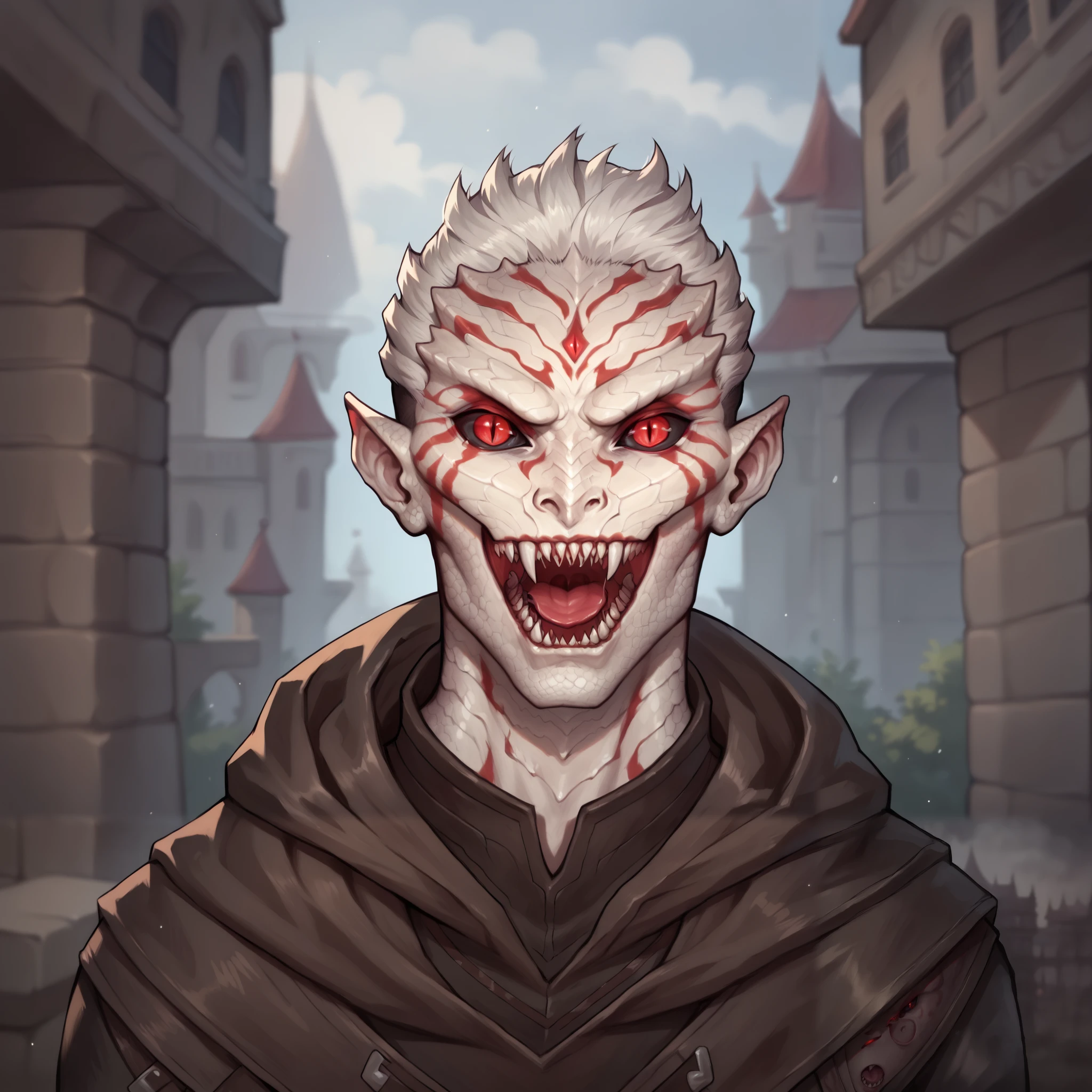 (((beautiful, high quality, comics style, detailed face))), score_9, score_8_up, score_7_up, BREAK,  portrait, solo, 1man, male ((parshendi, alien, carapace:1.1, white skin with red marbling, black sclera, slit pupils, scales)), red glowing eyes, white hair, undercut, messy asymmetrical bob hairstyle, (((Mmouth, open mouth, sharp teeth))), evil laughing, massive muscular, leather armor, fur trim, hooded, wizard tower, blurred background, zPDXL3, detailxl, DeepNegative_xl_v1