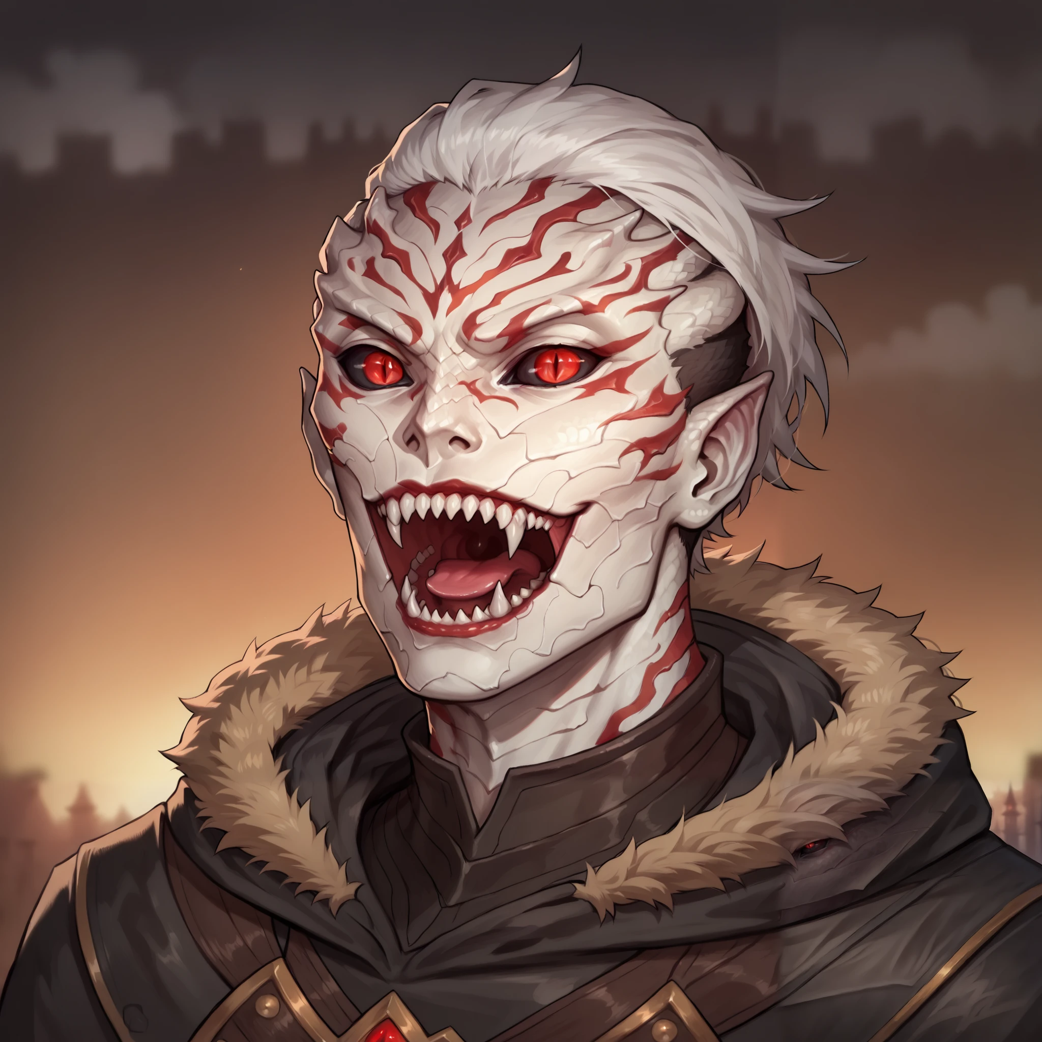 (((beautiful, high quality, comics style, detailed face))), score_9, score_8_up, score_7_up, BREAK, portrait, solo, 1man, male ((parshendi, alien, carapace:1.1, white skin with red marbling, black sclera, slit pupils, scales)), red glowing eyes, white hair, undercut, messy asymmetrical bob hairstyle, (((Mmouth, open mouth, sharp teeth))), evil laughing, massive muscular, leather armor, fur trim, hooded, wizard tower, blurred background, zPDXL3, detailxl, DeepNegative_xl_v1