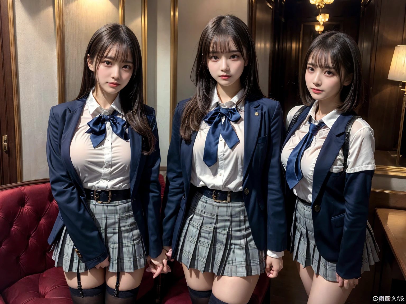 muster piece, best quality, illustration, Super detailed, fine details, High resolution, 8K,wall paper, perfect dynamic composition,(Details High quality, realistic depiction of eyes:1.3), ((2 girls, 2 schoolgirls)), The background is a luxury hotel room、High school girl uniform、blazer 、Super Short Check Uniform Skirt、Navy blue high socks、garterbelts、Colossal tits、Disturbed uniform, Play with each other,Touching each other's bodies,Touching the body of the girl next door, short bob hair, black hair color, huge breasts, Big Natural Color Lip, bold sexy pose, (perfect body shape), crying a little、cold gaze, Harajuku style、Beautiful makeup,glitter makeup,Cutest 18 years old, beautiful legs, hposing Gravure Idol, Voluptuous thighs