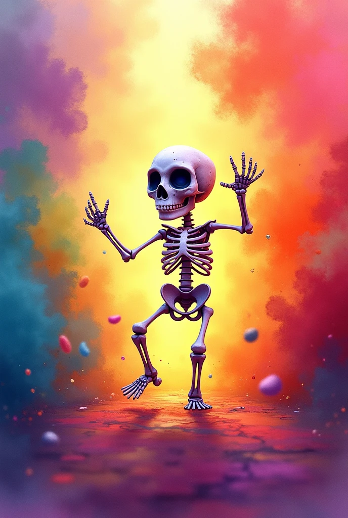 a smiling skeleton character in a combined wizard and Mariachi Costume, Detailed clothing, holding a guitar in the left hand, surrounded by a Healing aura, in a cheerful cartoon style background, (Best Quality,4k,8k,high resolution,Masterpiece:1.2),ultra detailed,(realist,photorealist,photo-realist:1.37),1 skeleton character,wizard's robe,Mariachi Costume,detailed guitar,Healing aura,cheerful cartoon style,vibrant colors