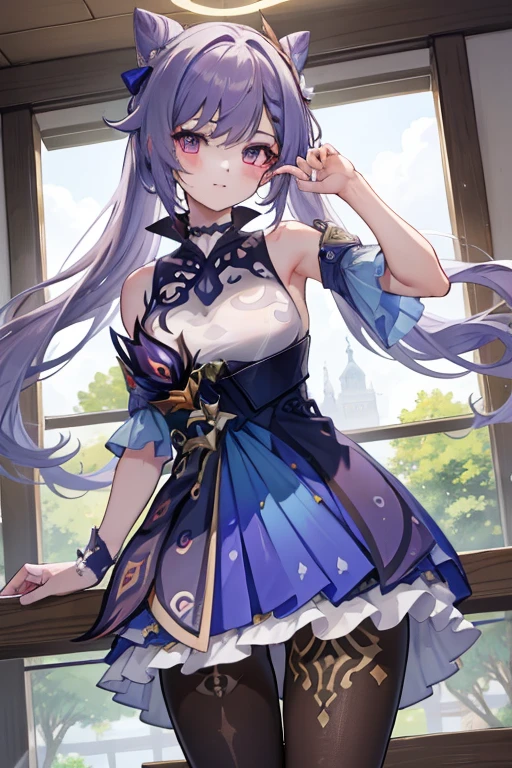 1 Girl, Keqing \(Genshin Impact\), Solitary, breast, Gloves, Looking at the audience, White background, Bare shoulders, Separate sleeves, Hands on Hips, Pantyhose, Neck tassel, Simple background, flower, Side Breast, medium breast, blush, skirt, Weaving, Shut up, skirt, hair flower, Cowboy shooting, Ruffles, Jewelry, armpit, earrings, Necklace, purple Gloves, Ruffled sleeves, black Pantyhose, Wide sleeves, Hair between the eyes, purple skirt,