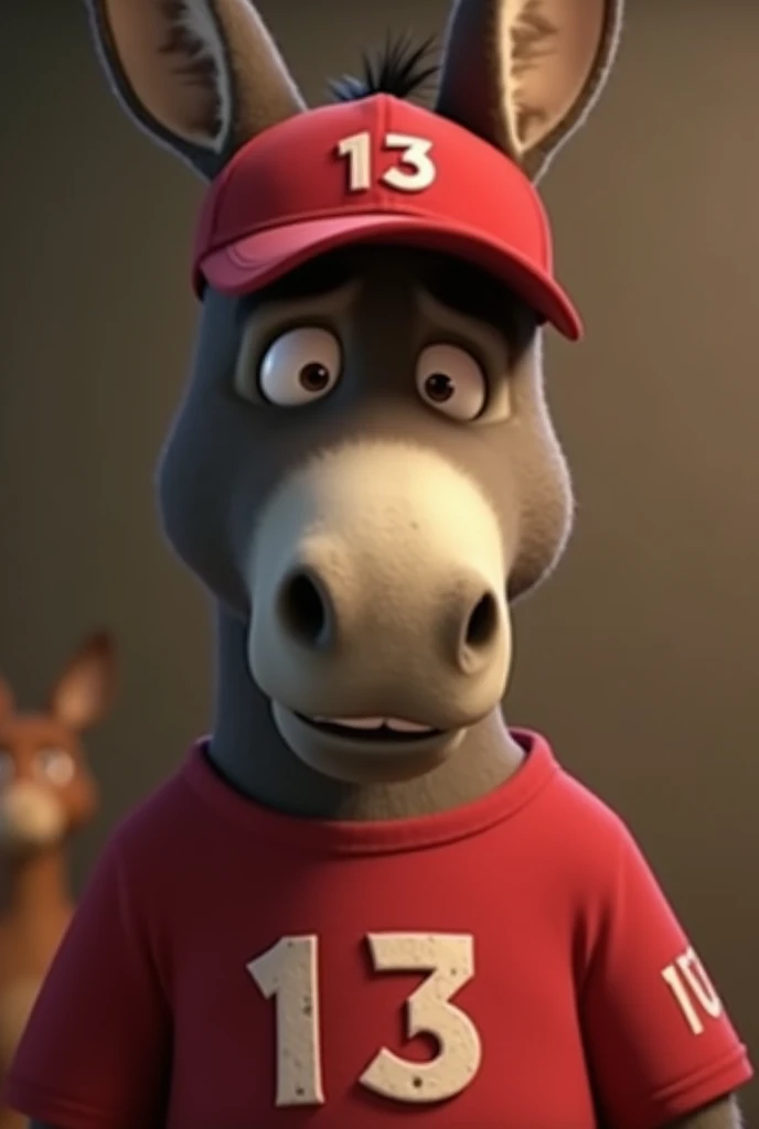  Create a video with a donkey wearing a red cap with number 13 highlighted,  dressed in a red shirt with number 13 highlighted . Donkey talking I voted and I'm sorry .