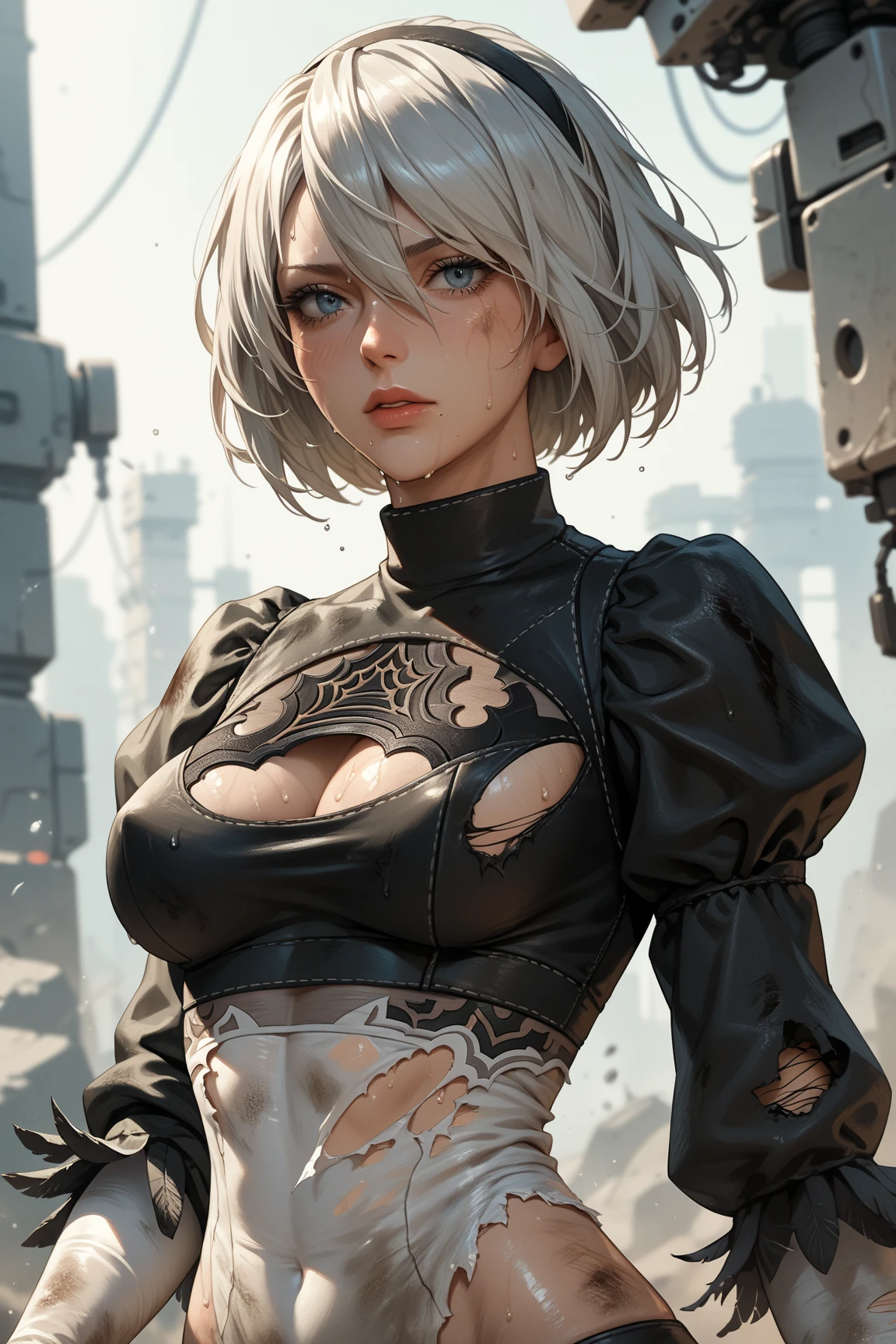 {(masterpiece,best quality, 16K portrait, UHD, extremely detailed the work, detailed beautiful face and eyes and skin and hair)} 
BREAK {(ultra realistic photo graphic style)} 
BREAK {solo,(2B of Nier-Automa:1.4), (lightbrown-lightwhite colored hair:1.4, short cut hair), (medium mouth),(narrow and sharp eyes),(attractive blue-glay eyes:1.4),(left-eye hidden by bangs:1.2),(slender body,small breasts):1.4,captivating lips} 
BREAK {(Nier-Automata-2B costume:1.2),(cleavage between breasts:1.2),(hairband:1)} 