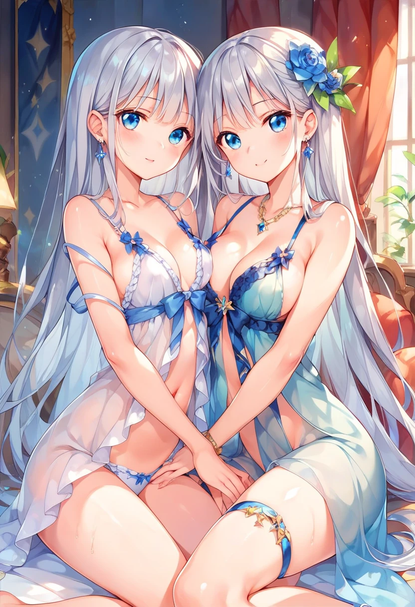 ((highest quality、High resolution))、Portrait、A beautiful woman、Perfect body、Beautiful ample breasts、Long blonde、bangs、Blue and white、Embellished blue sexy dress、skirt、Sexually excited facial expression、Nipples、Love juice、No panties、((Two beauties showing their pussies))、I'm inviting you to have sex、Outdoor Scenery