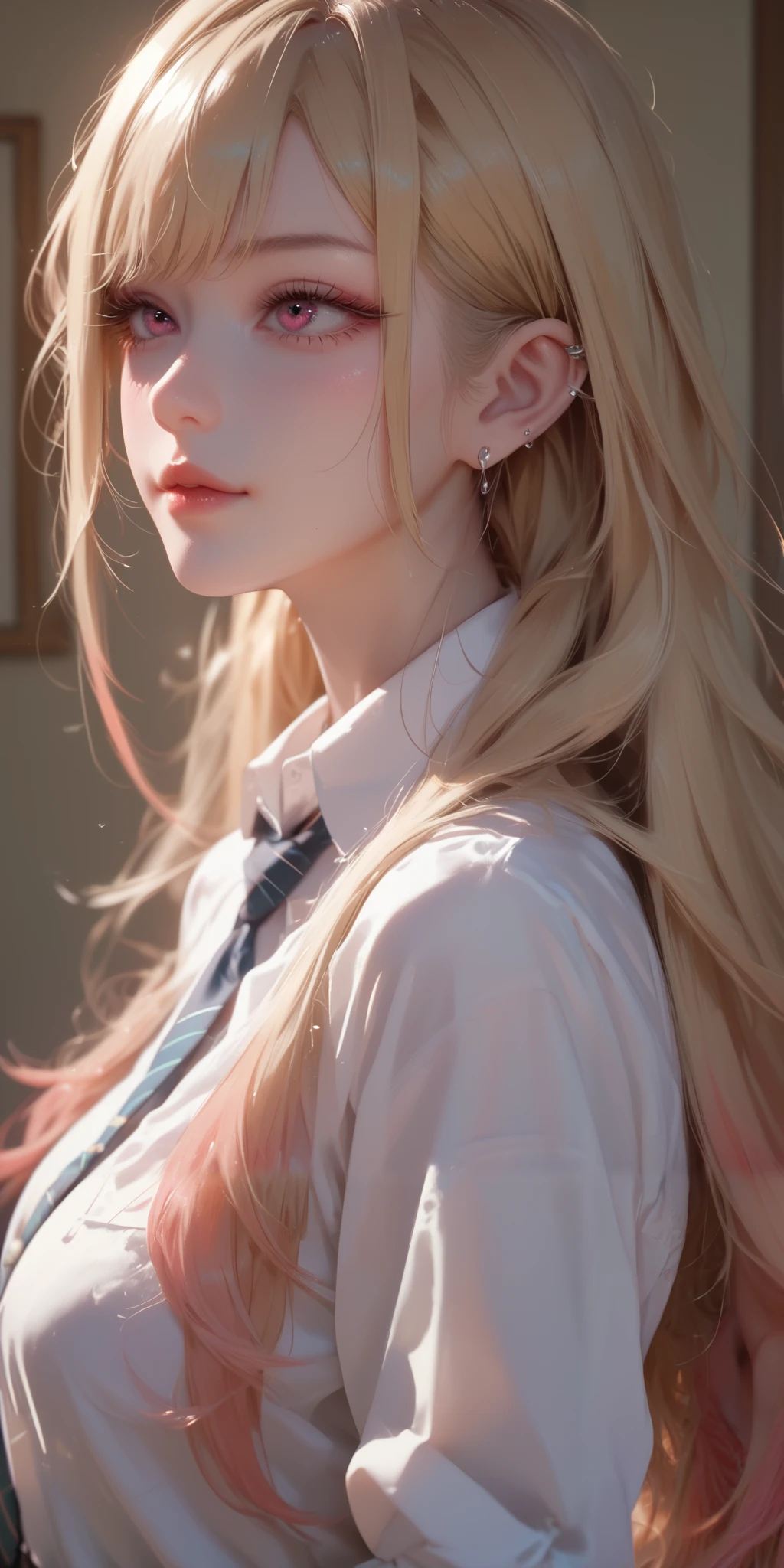 1girl, kitagawa marin, sono bisque doll wa koi wo suru, blonde hair, collared shirt, white shirt, soft light, high detailed, best quality, upper body, side view 