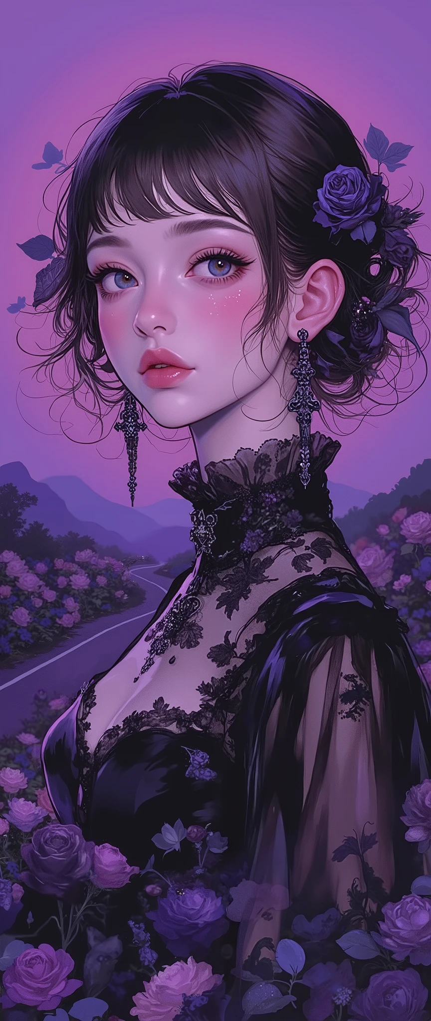 (Masterpiece:1.2),( best quality ),( very detailed),( best illustrations),8k,,16k,wallpaper, beautiful woman with sweat on her face, gothic fashion ,whole body,(I'm taking a walk along the road where countless black roses bloomed:2.0), vector art,(Purple Background:2.0),( upper body up:2.0)

