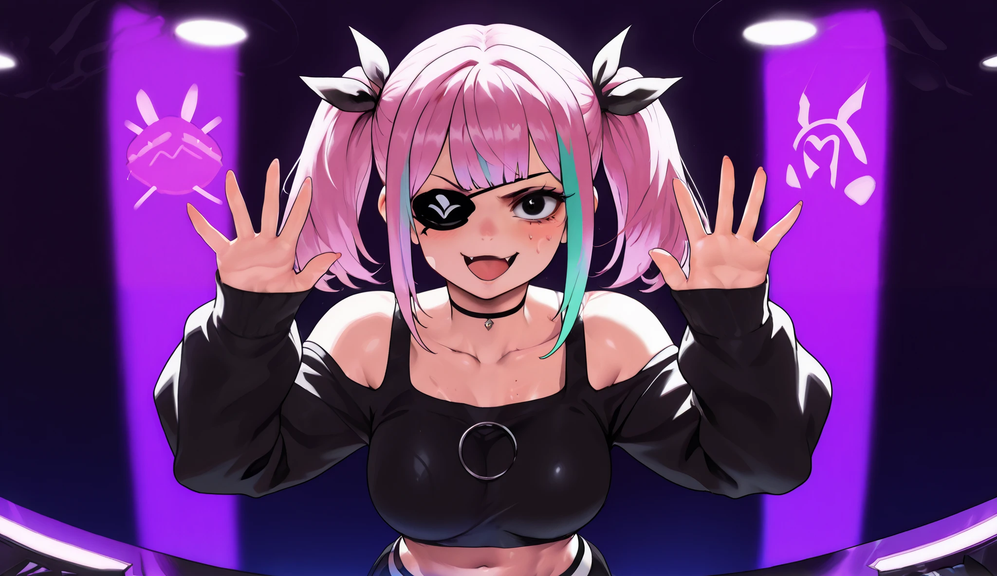 1 girl, alone, breasts, blushing, smile, open mouth, bangs, skirt, simple background, shirt, hair ornament, long sleeves, white background, navel, bare shoulders, two pigtails, collarbone, pink hair, :d, multi-colored hair, separate sleeves, fang, abdomen, shiny, belt, virtual youtuber, hand up, blunt bangs, black skirt, black eyes, crop top, sleeves beyond wrists, black shirt, :3, fang on skin, sleeves beyond fingers, eye patch, (Highest quality), (masterpiece), 8k, Highly detailed, Detailed light, Better shadow, Detailed reflective eyes, Highly detailedな顔, Shiny hair, One person, Female, Shine, No expression, Fingers: 1.4), (Beautiful hands: 1.4), Full body, Lacey's Lacey cozinheira sexy mujer set, High definition, High resolution, Ultra realistic, 8k, Looking at viewer, European, sexy, close up of upper body, photographed from the front, dynamic angles, private tutor, looking at viewer,In a vibrant, anime-inspired EDM nightclub, three stunning stand behind a DJ booth, which is illuminated by a glowing sign that reads "Synth Tunes" in bold, pulsing letters. Above the DJ booth, adding a fun and whimsical element, rendered in an adorable anime style. The scene combines the fascinating charm of succubi with the energetic atmosphere of EDM music, creating a fantastic and unforgettable atmosphere.