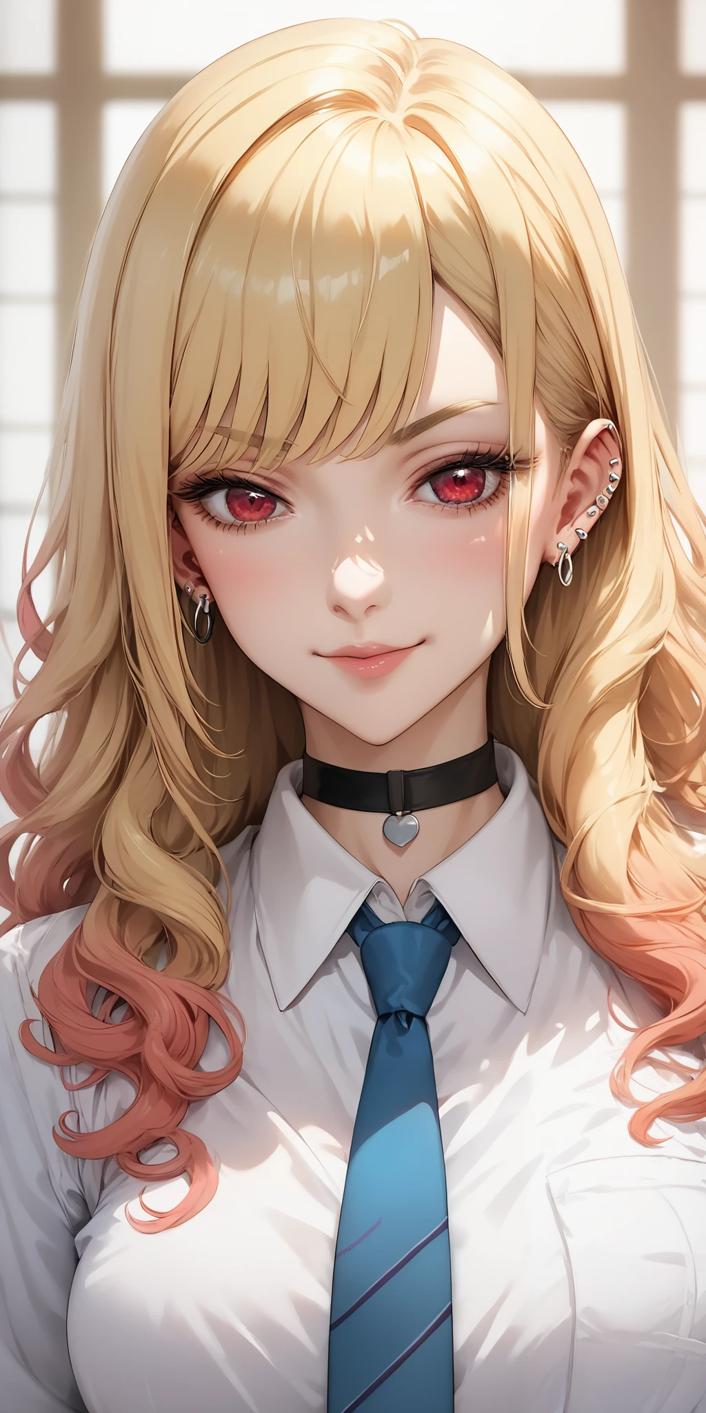 1girl, kitagawa marin, sono bisque doll wa koi wo suru, blonde hair, slight wavy hair, red eyes, ear piercing, barbell piercing, black choker, collared shirt, white shirt, earrings, blue necktie, soft light, high detailed, best quality, upper body