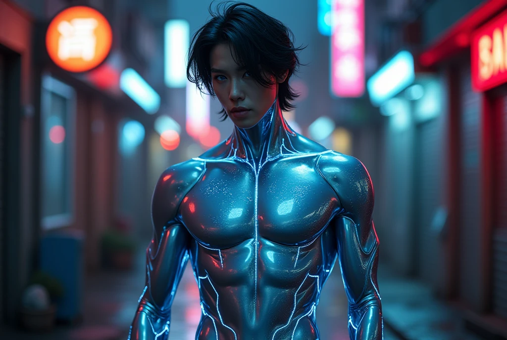 shinji，are standing，The limbs were tied with iron chains，Lie down in bed，Tied up，Can't move，full bodyesbian，Sunny and handsome，Muscular body，large muscle，fully body photo，One-piece latex garment，latex shiny, latex legwear，latex glove，Shin Evangelion，Put it on the combat base，Blue tight combat suit，Latex Combat Suit，Wear latex clothing, Wearing a blue skinny suit, Smooth pink skin,  Wearing latex, shiny plastic, shiny metallic glossy skin, Sparkly Colors, latex outfit, chrome bodysuit, cyberpunk glossy latex suit, Shiny, futuristic glossy latex suit