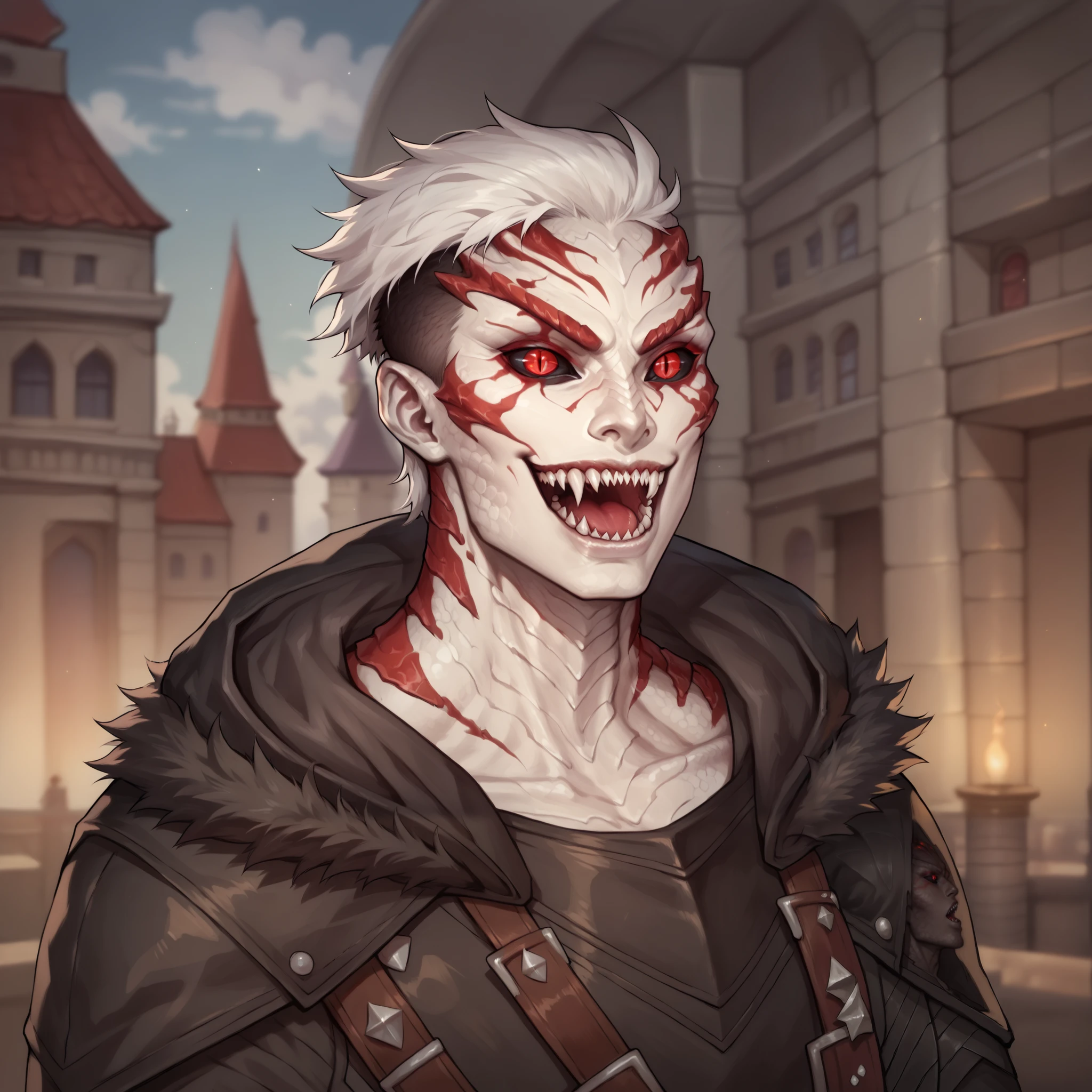(((beautiful, high quality, comics style, detailed face))), score_9, score_8_up, score_7_up, BREAK,  portrait, solo, 1man, male ((parshendi, alien, carapace:1.1, white skin with red marbling, black sclera, slit pupils, scales)), red glowing eyes, white hair, undercut, messy asymmetrical bob hairstyle, (((Mmouth, open mouth, sharp teeth))), evil laughing, massive muscular, leather armor, fur trim, hooded, wizard tower, blurred background, zPDXL3, detailxl, DeepNegative_xl_v1